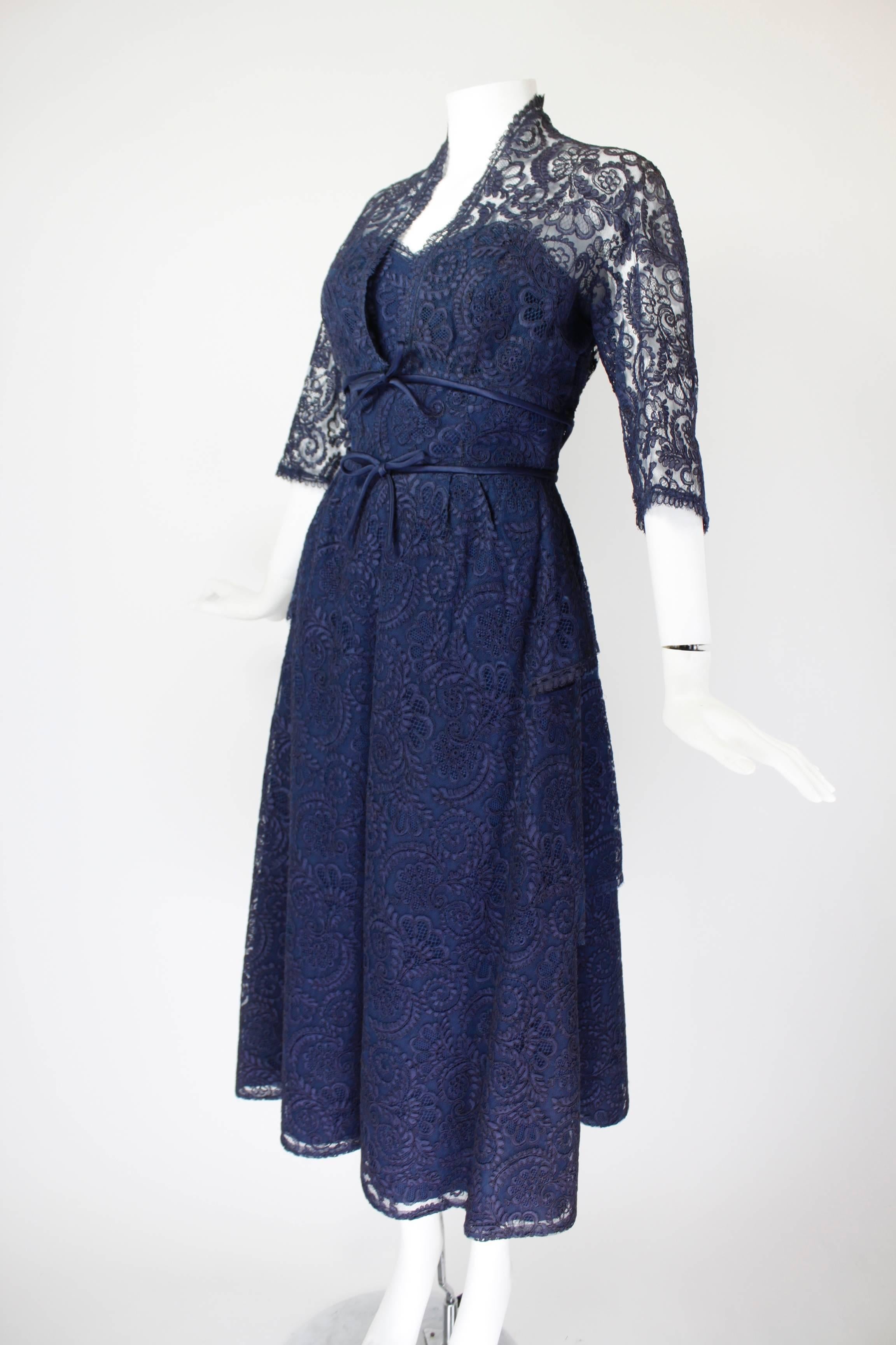 1950s Jean Desses Haute Couture Navy Guipure Lace Cocktail Dress For Sale 1