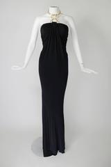 1990s Donna Karan Slinky Black Jersey Gown with Gold Choker Halter