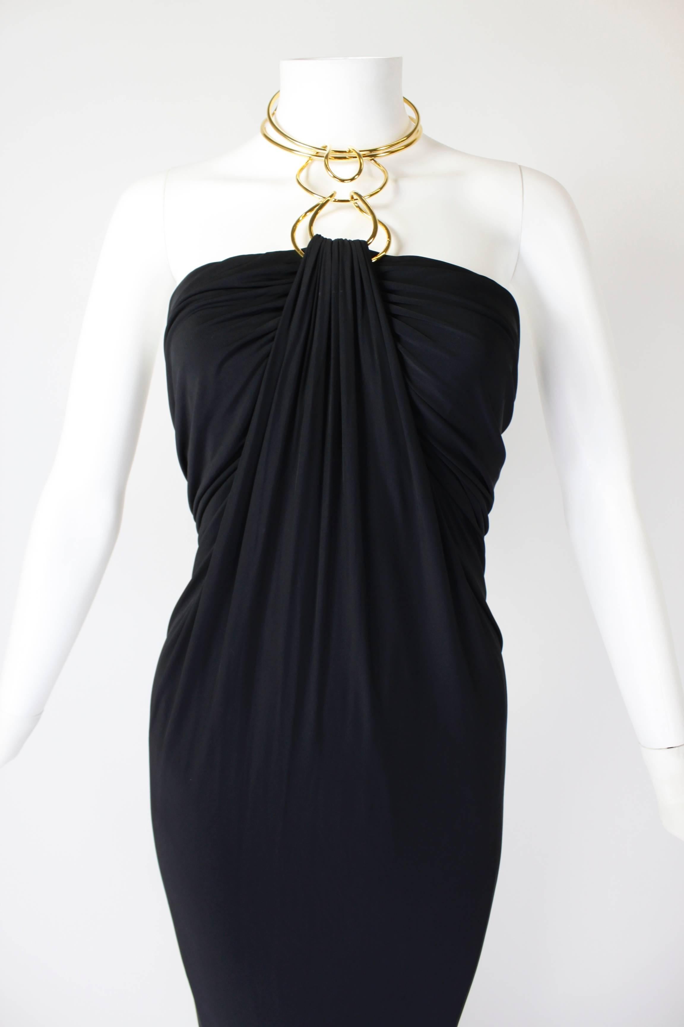 1990s Donna Karan Slinky Black Jersey Gown with Gold Choker Halter For Sale 3