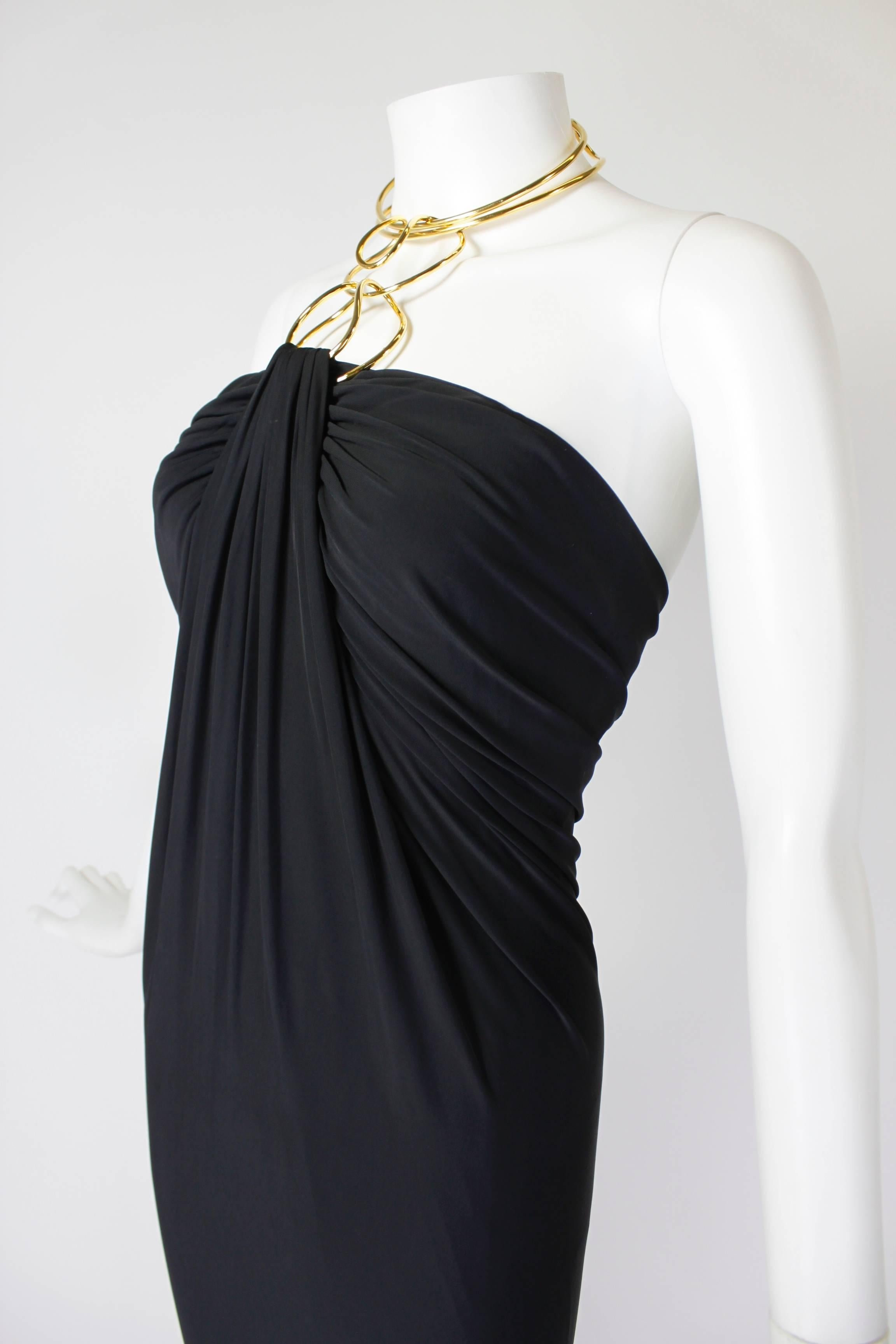 1990s Donna Karan Slinky Black Jersey Gown with Gold Choker Halter For Sale 2