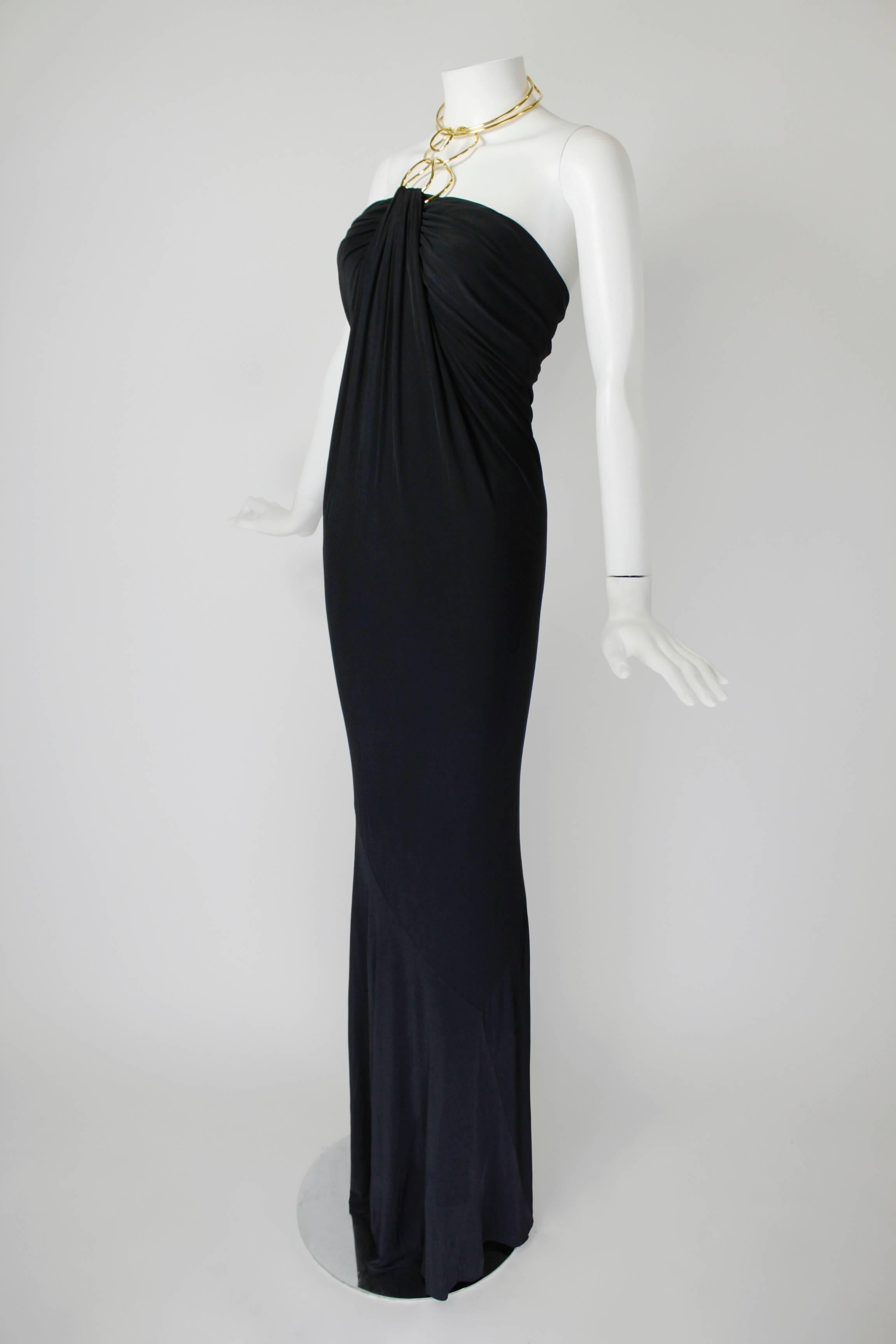 1990s Donna Karan Slinky Black Jersey Gown with Gold Choker Halter In Excellent Condition For Sale In Los Angeles, CA