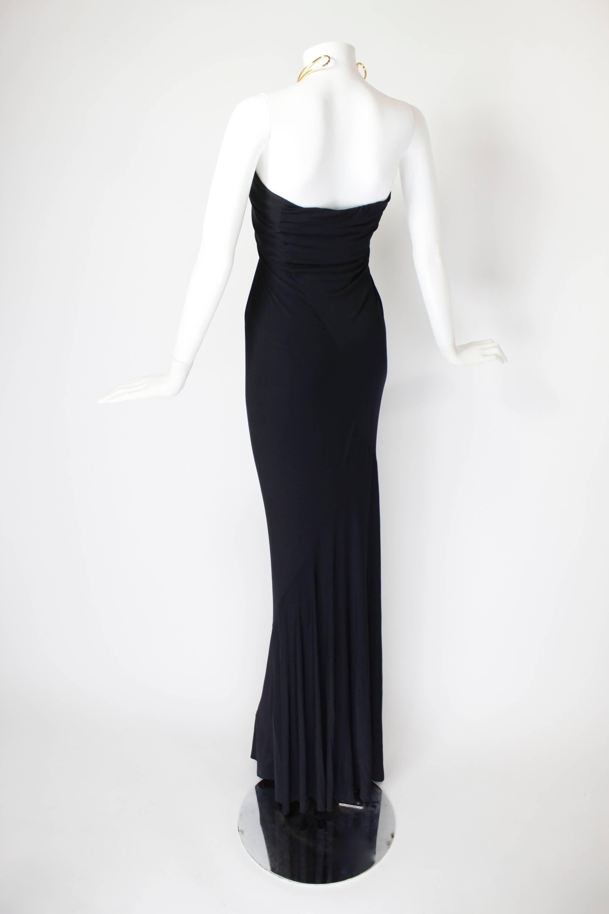 Women's 1990s Donna Karan Slinky Black Jersey Gown with Gold Choker Halter For Sale