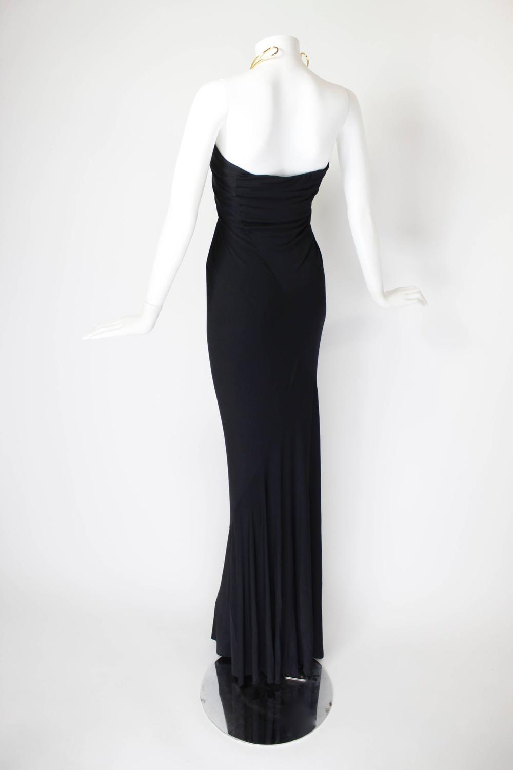 1990s Donna Karan Slinky Black Jersey Gown with Gold Choker Halter For ...