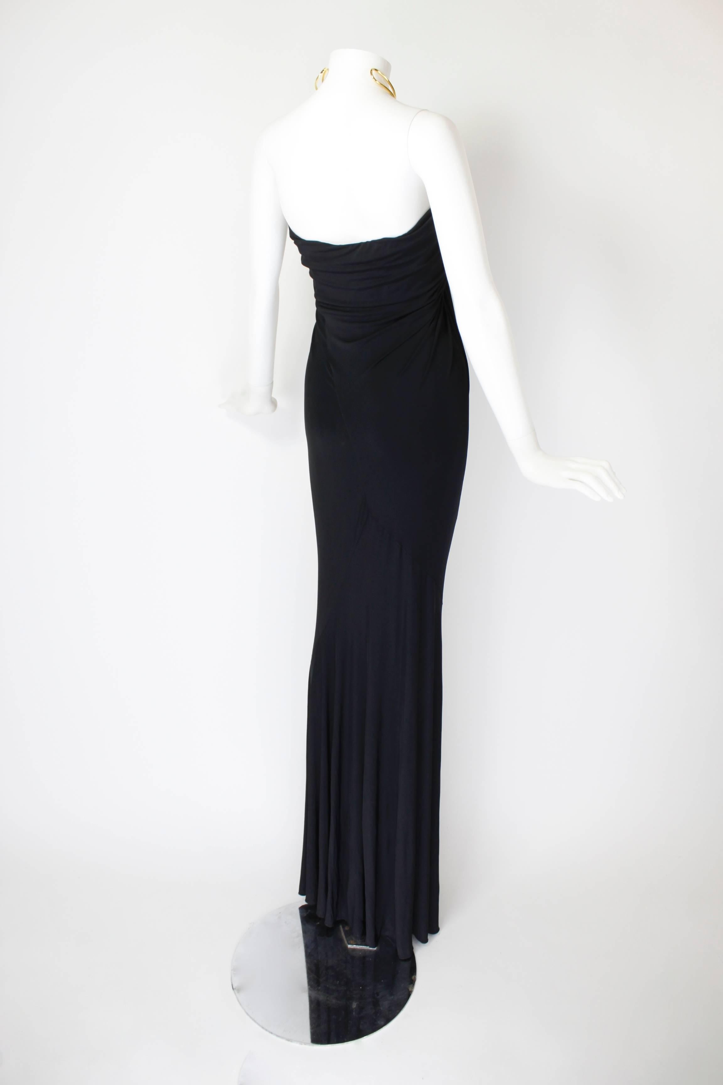 1990s Donna Karan Slinky Black Jersey Gown with Gold Choker Halter For Sale 1