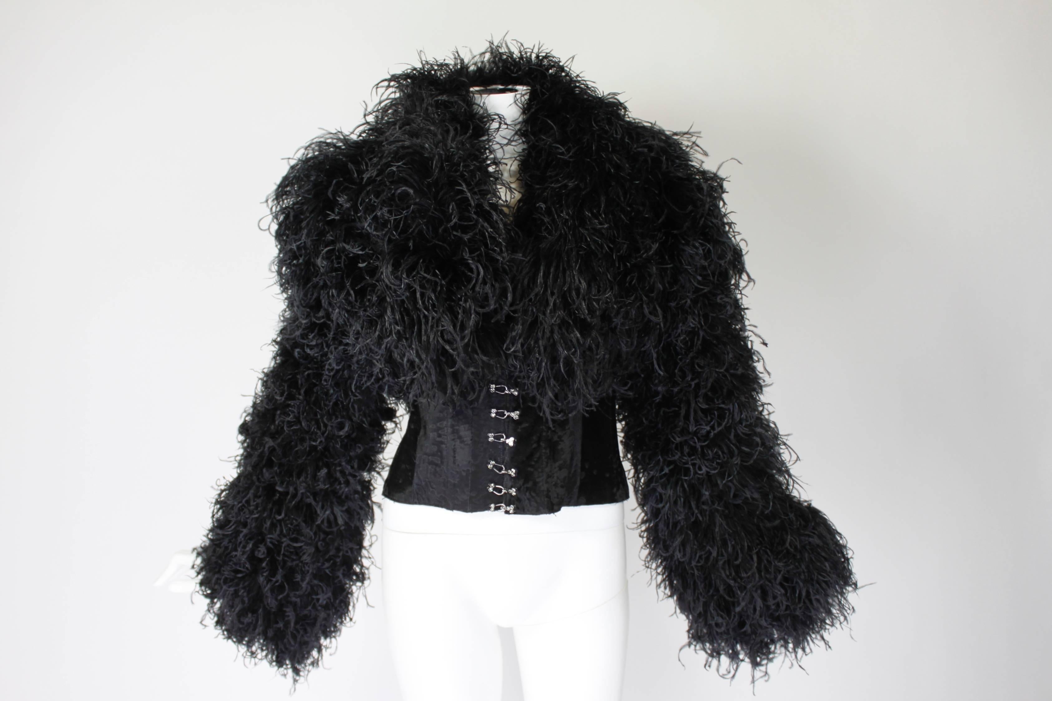 1990s Curled Ostrich Feather Cropped Jacket with Rhinestone Closure In Excellent Condition In Los Angeles, CA