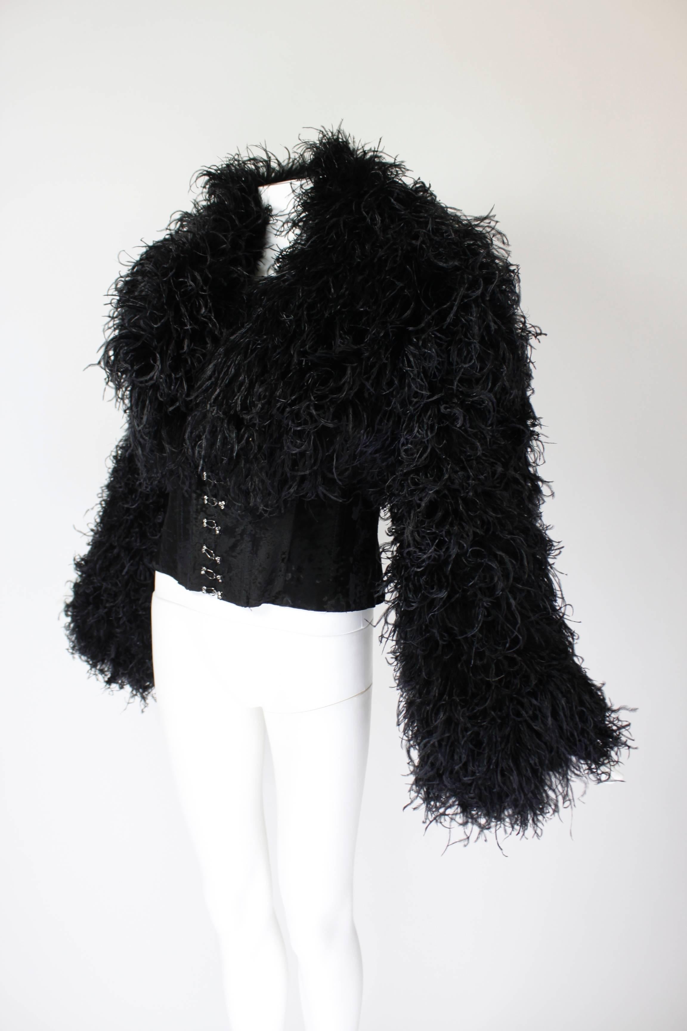 Black 1990s Curled Ostrich Feather Cropped Jacket with Rhinestone Closure