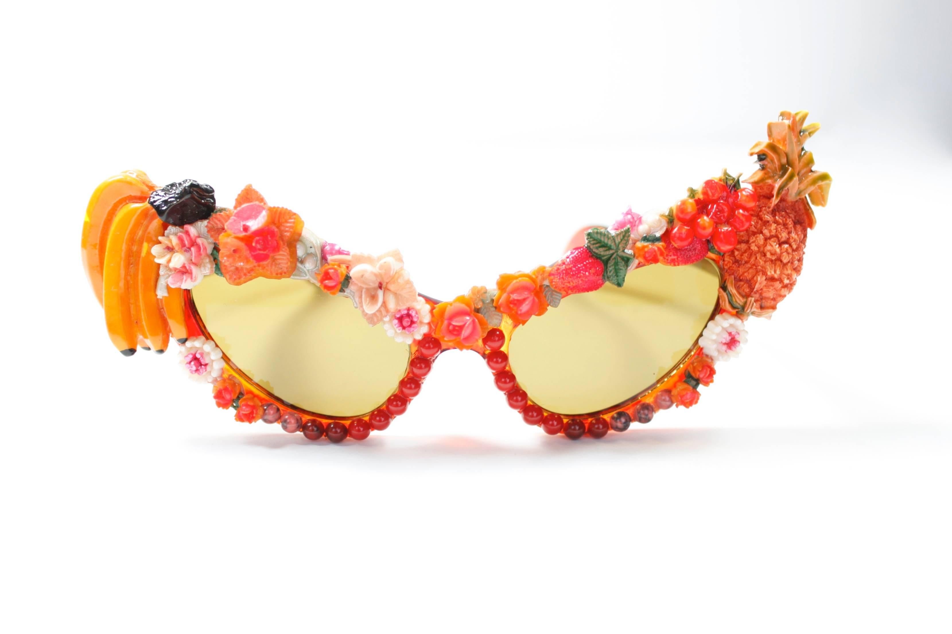 Mercura Tropical Flowers and Fruit Cat Eye Sunglasses In Excellent Condition In Los Angeles, CA