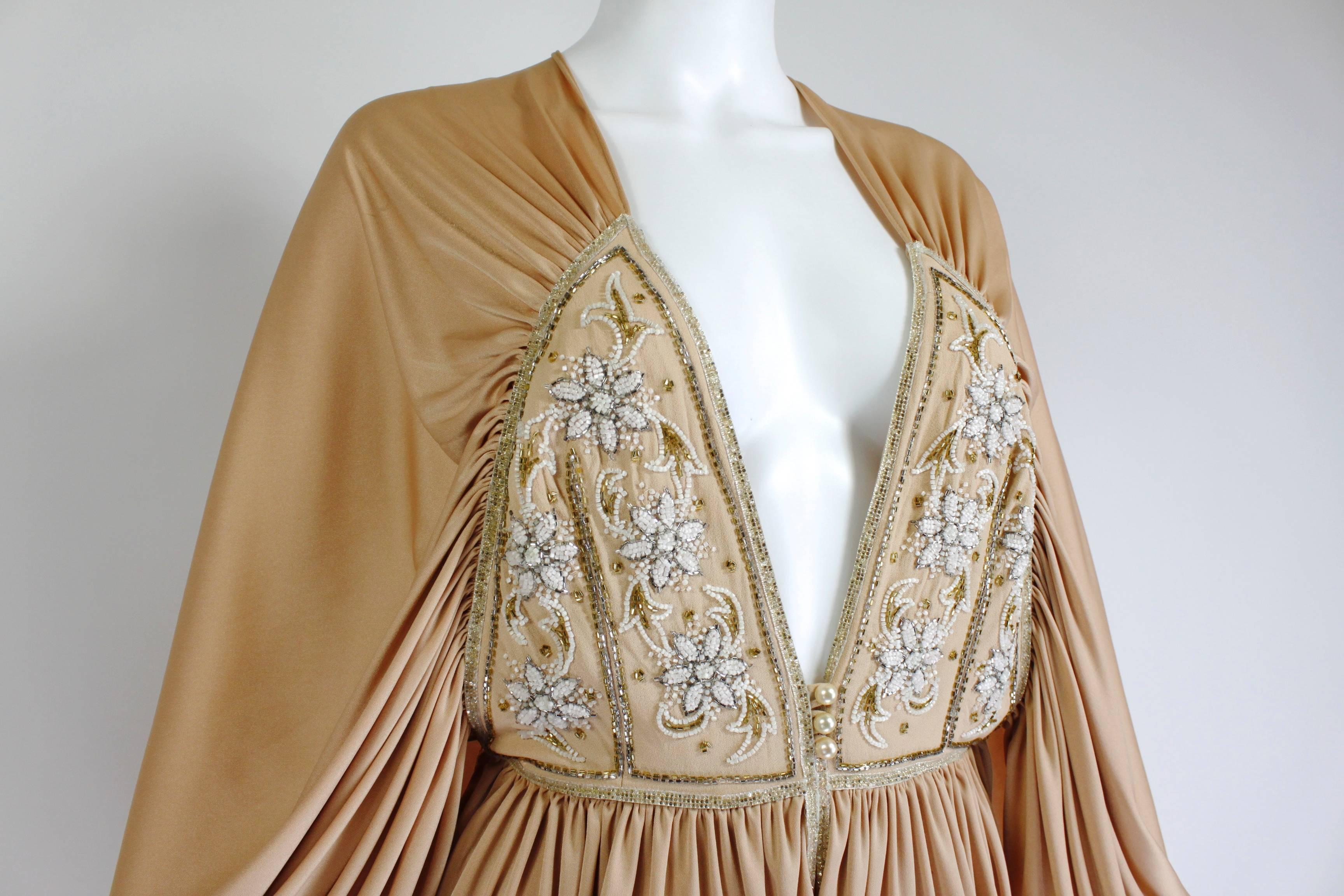 1970s Bill Gibb Ethereal Gown with Floral Beading and Plunging Neckline 2