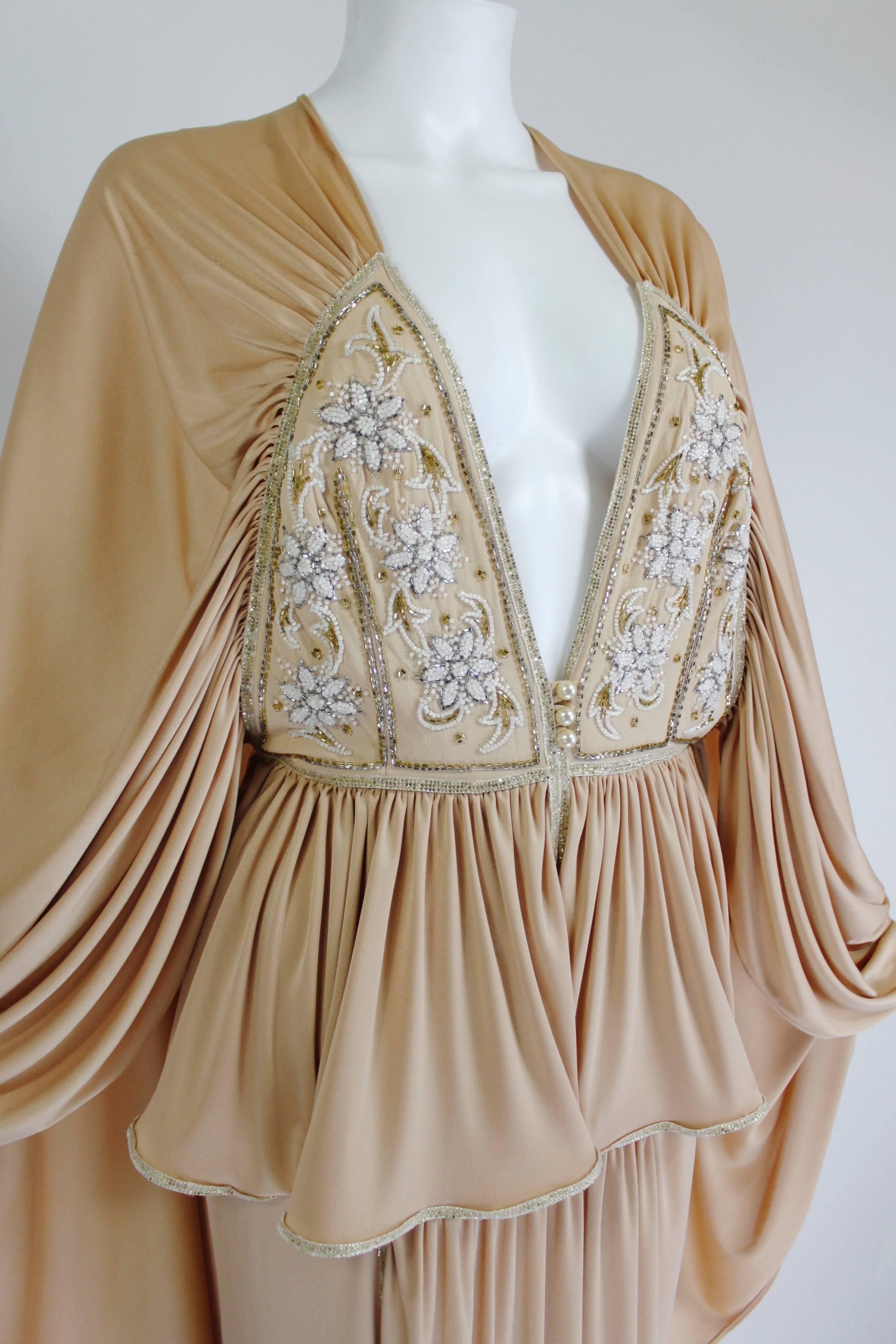 1970s Bill Gibb Ethereal Gown with Floral Beading and Plunging Neckline 1