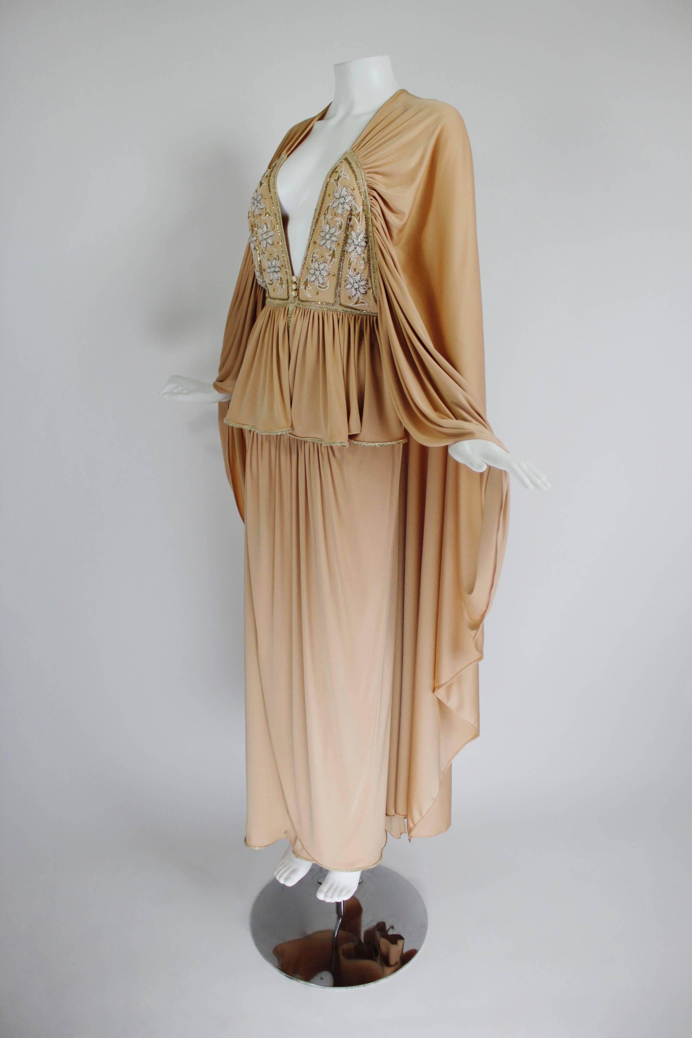 Orange 1970s Bill Gibb Ethereal Gown with Floral Beading and Plunging Neckline