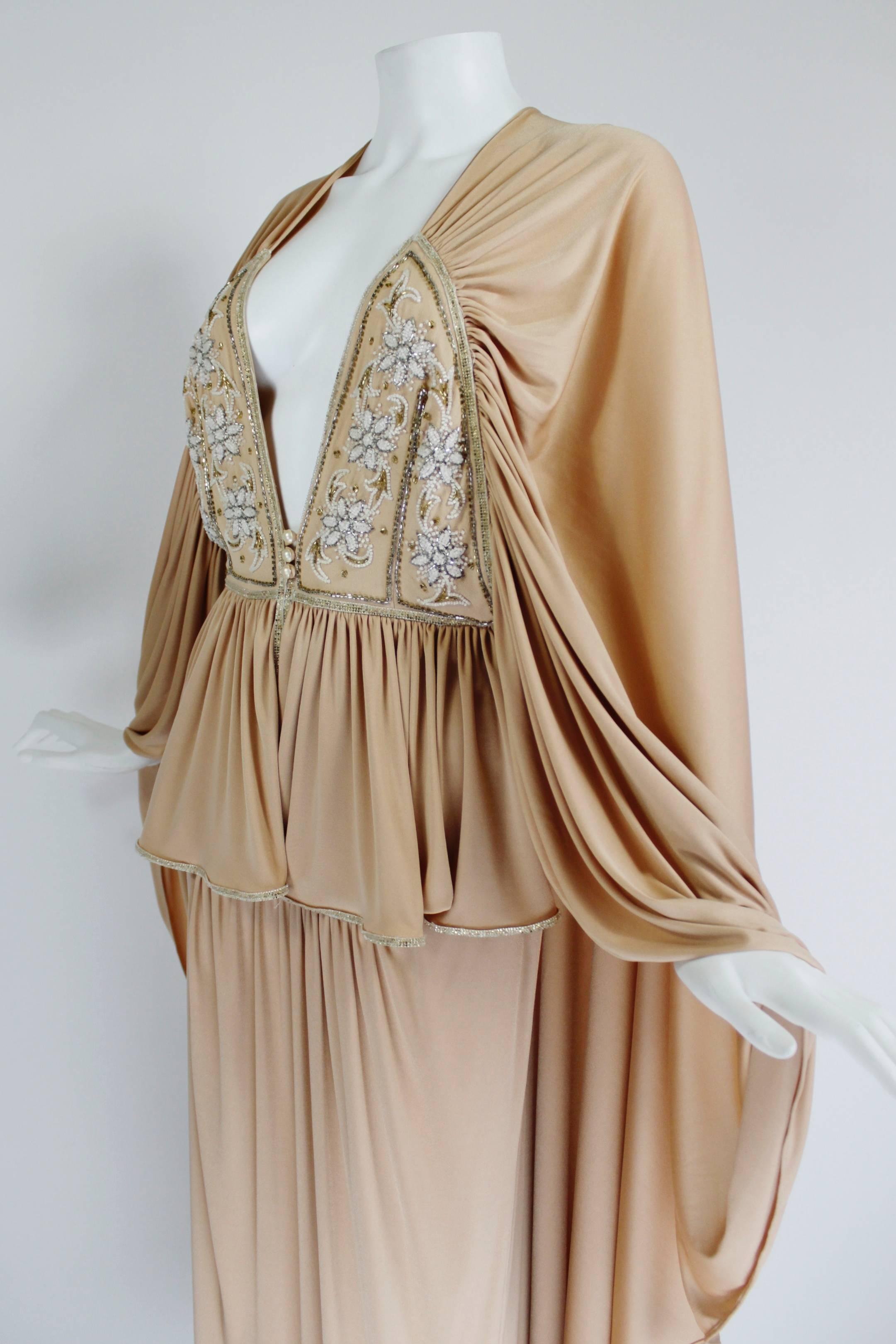 Women's 1970s Bill Gibb Ethereal Gown with Floral Beading and Plunging Neckline