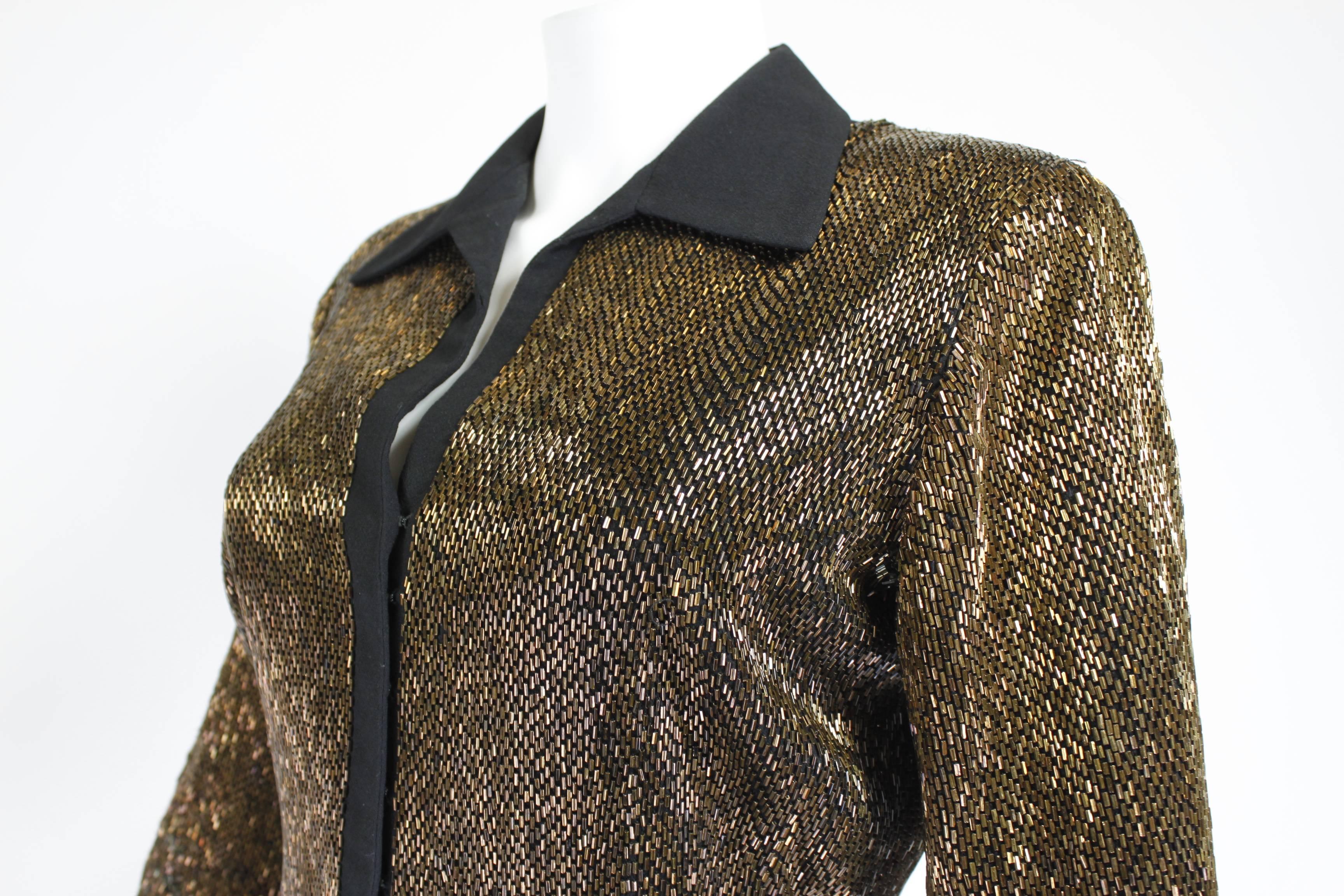 Black Pierre Balmain Haute Couture Iridescent Bugle Beaded Peplum Jacket For Sale