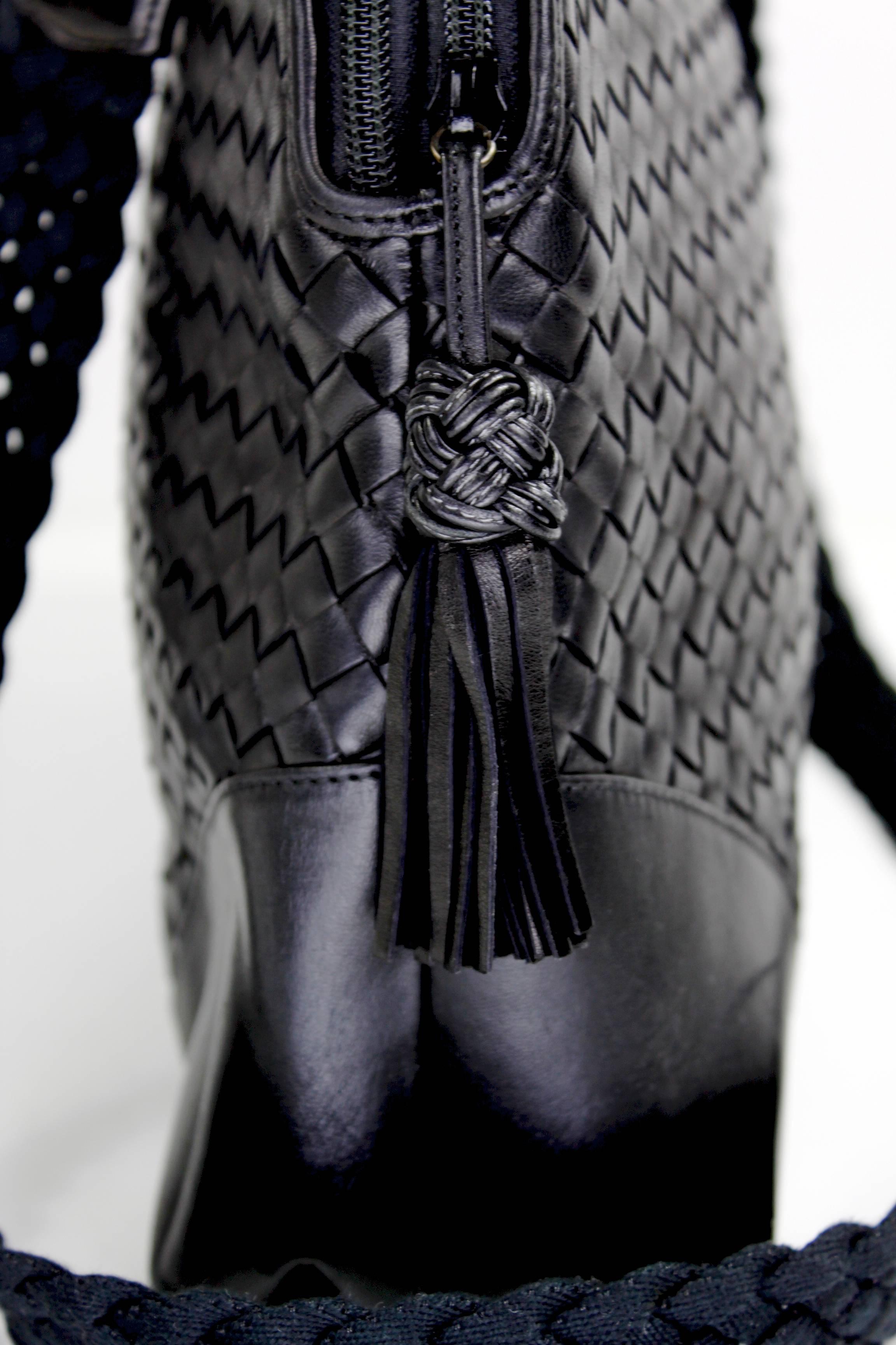 Women's Bottega Veneta Black Woven Leather Satchel with Shoulder Strap