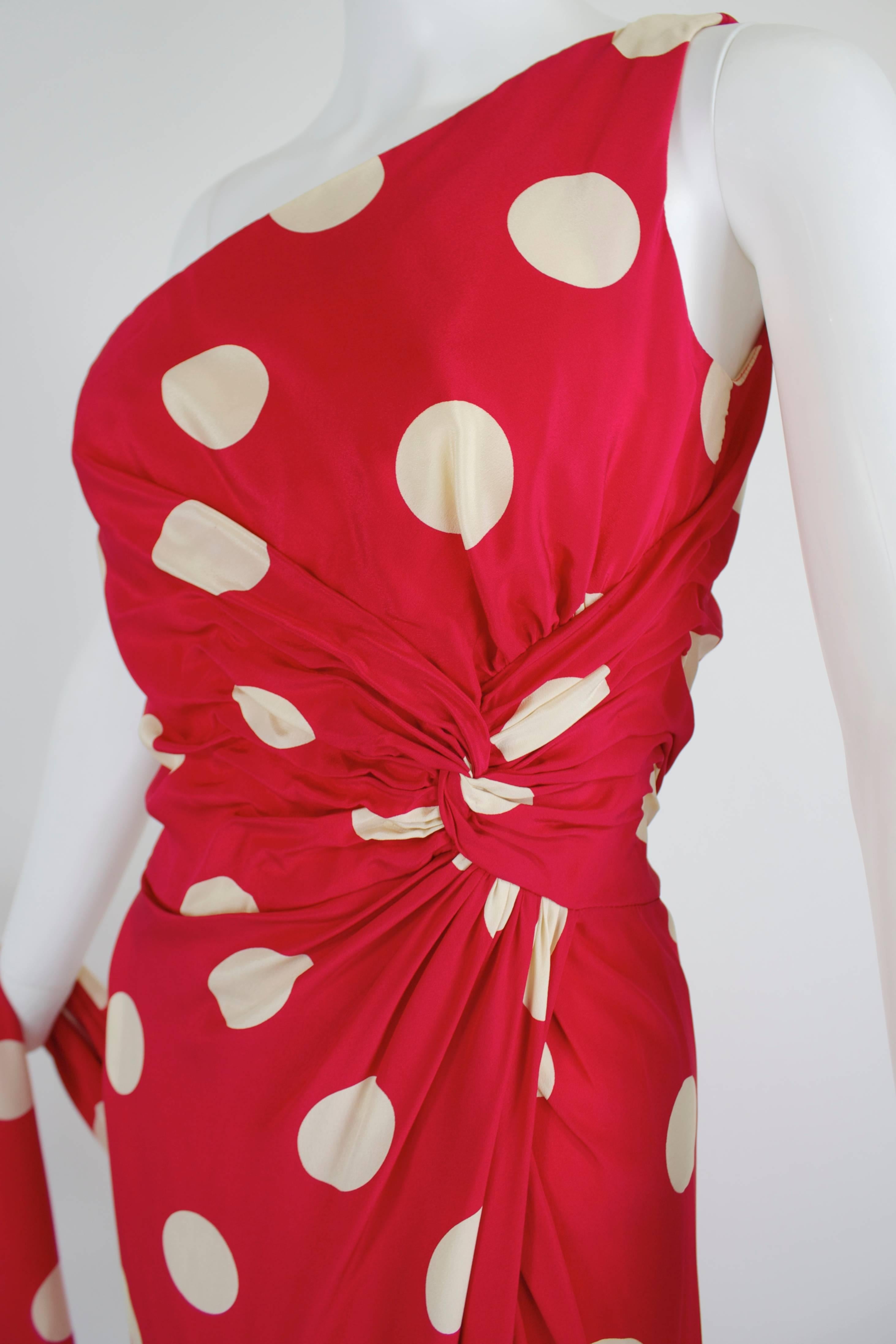 1980s Lillie Rubin Lipstick Red Silk Polka Dot Gown with Wrap 1