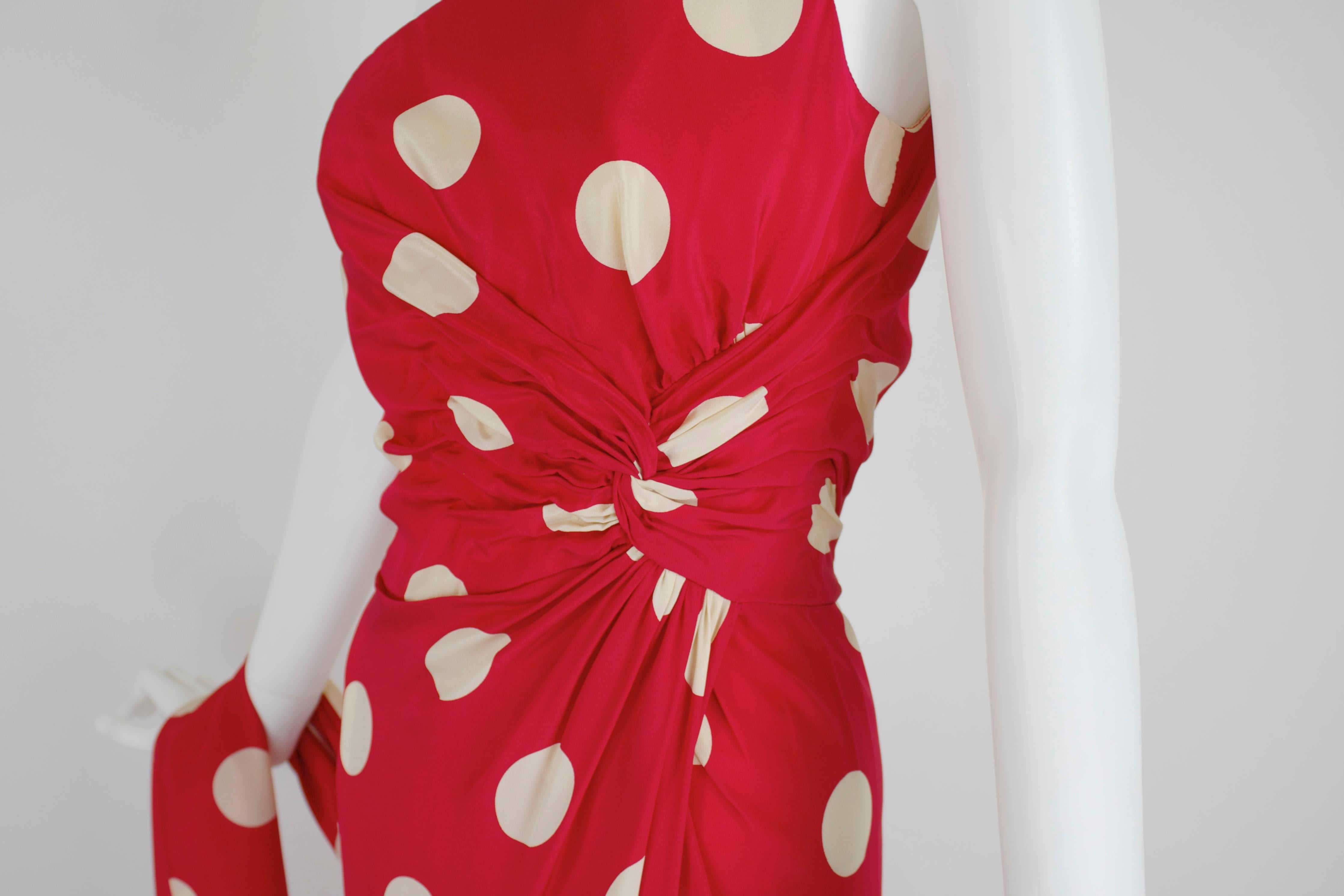 1980s Lillie Rubin Lipstick Red Silk Polka Dot Gown with Wrap 2