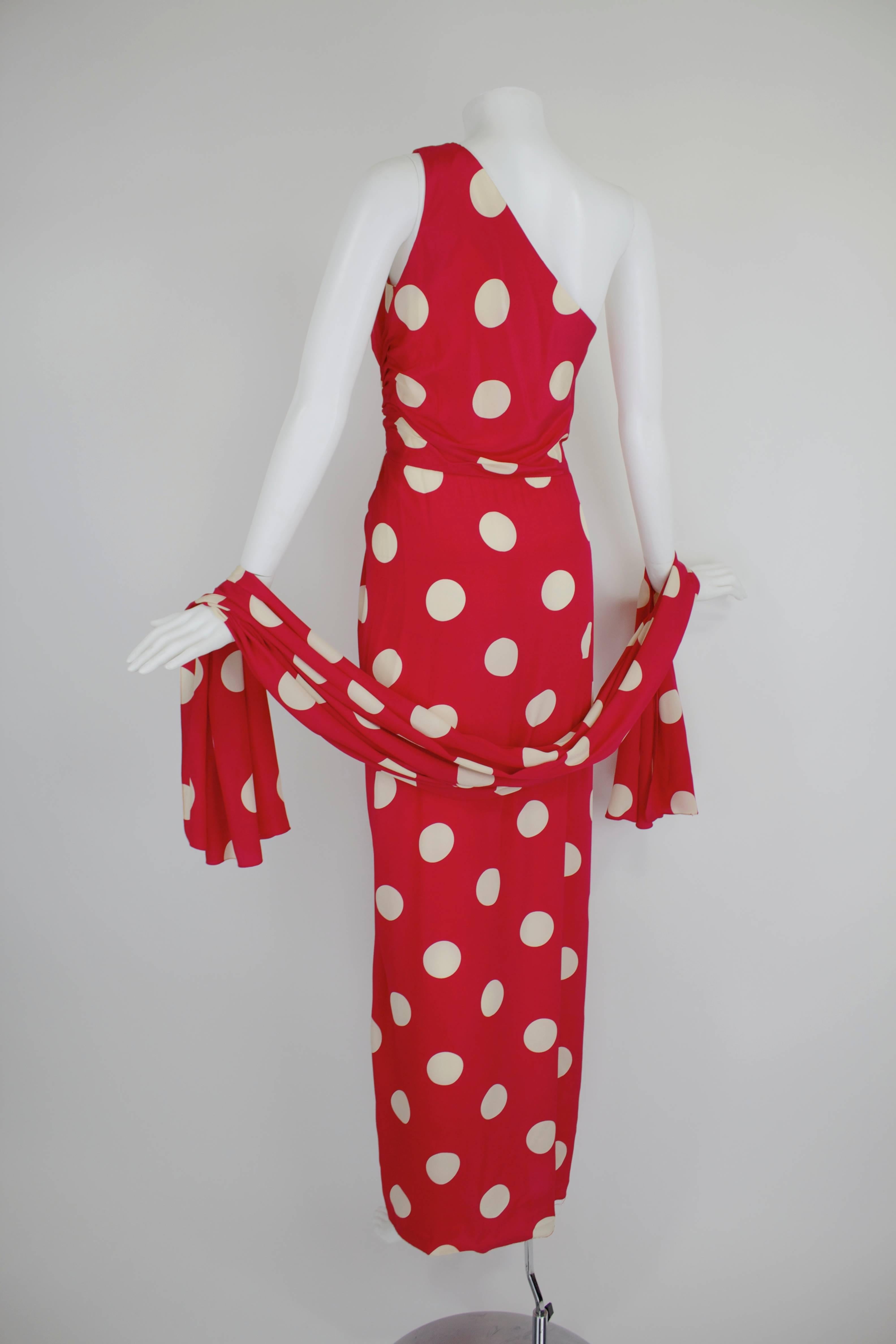 1980s Lillie Rubin Lipstick Red Silk Polka Dot Gown with Wrap In Excellent Condition In Los Angeles, CA
