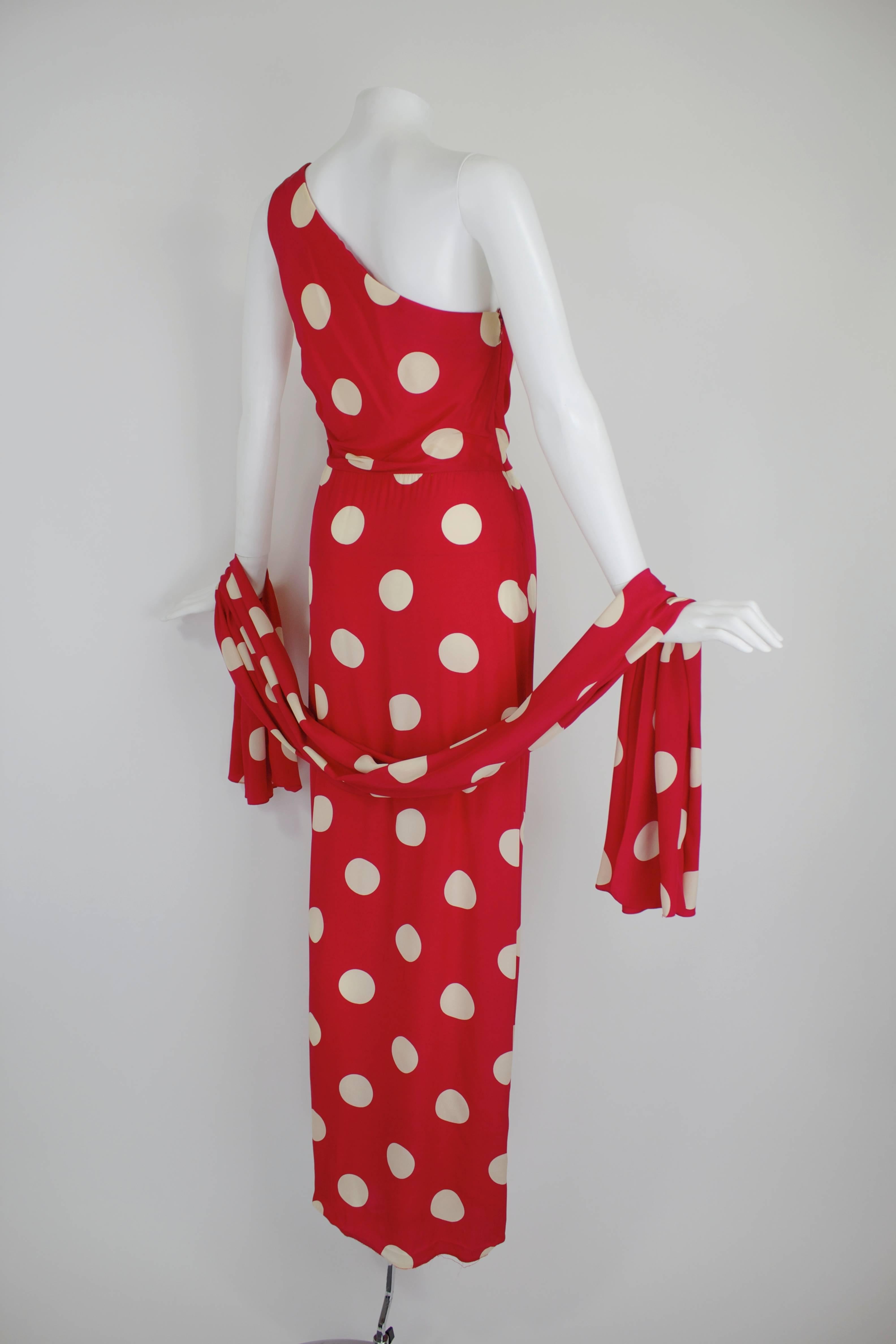 Women's 1980s Lillie Rubin Lipstick Red Silk Polka Dot Gown with Wrap
