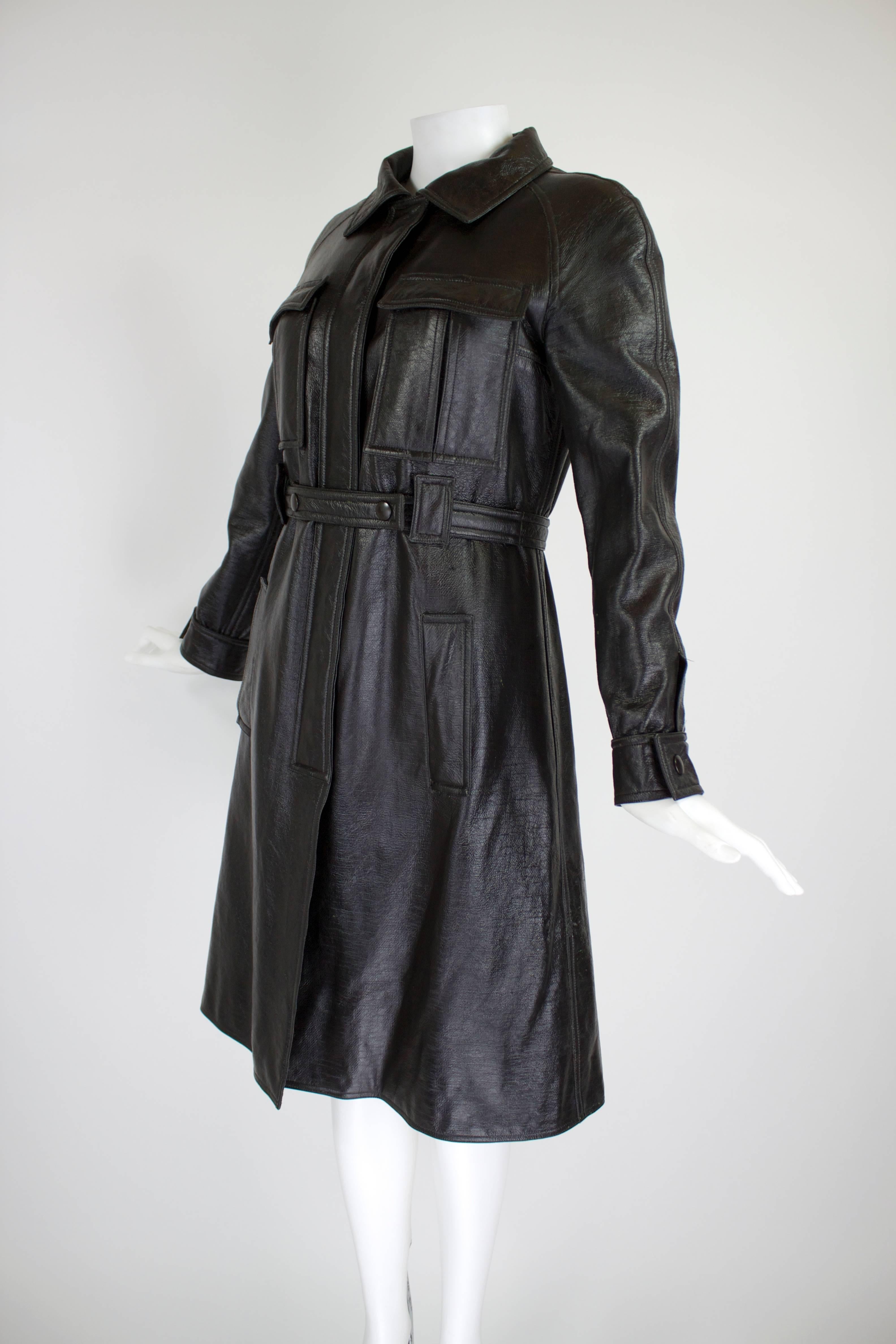 Women's 1960s Courreges Black Textured Vinyl Trench Coat with Fleece Lining