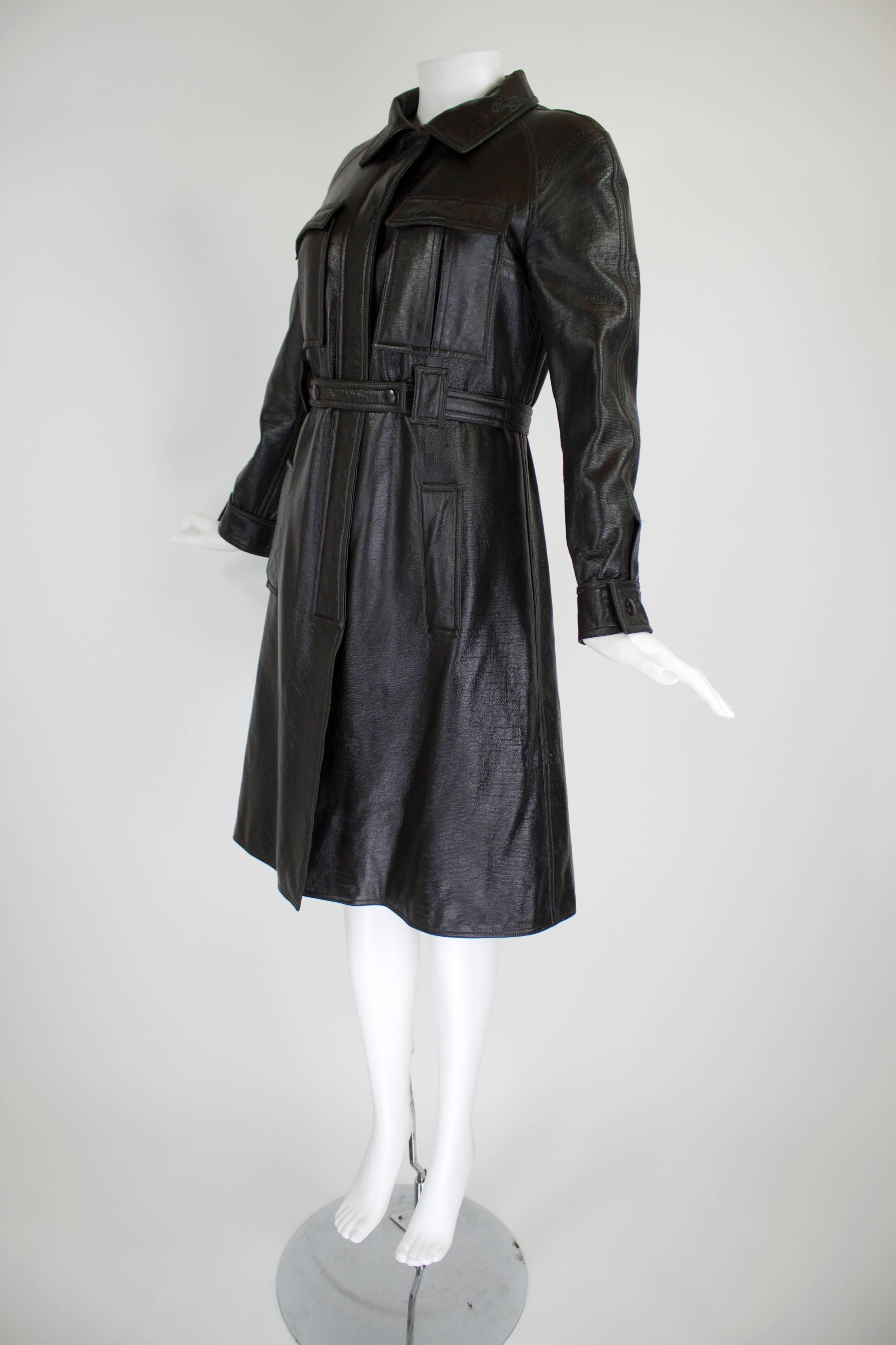 1960s Courreges Black Textured Vinyl Trench Coat with Fleece Lining In Excellent Condition In Los Angeles, CA