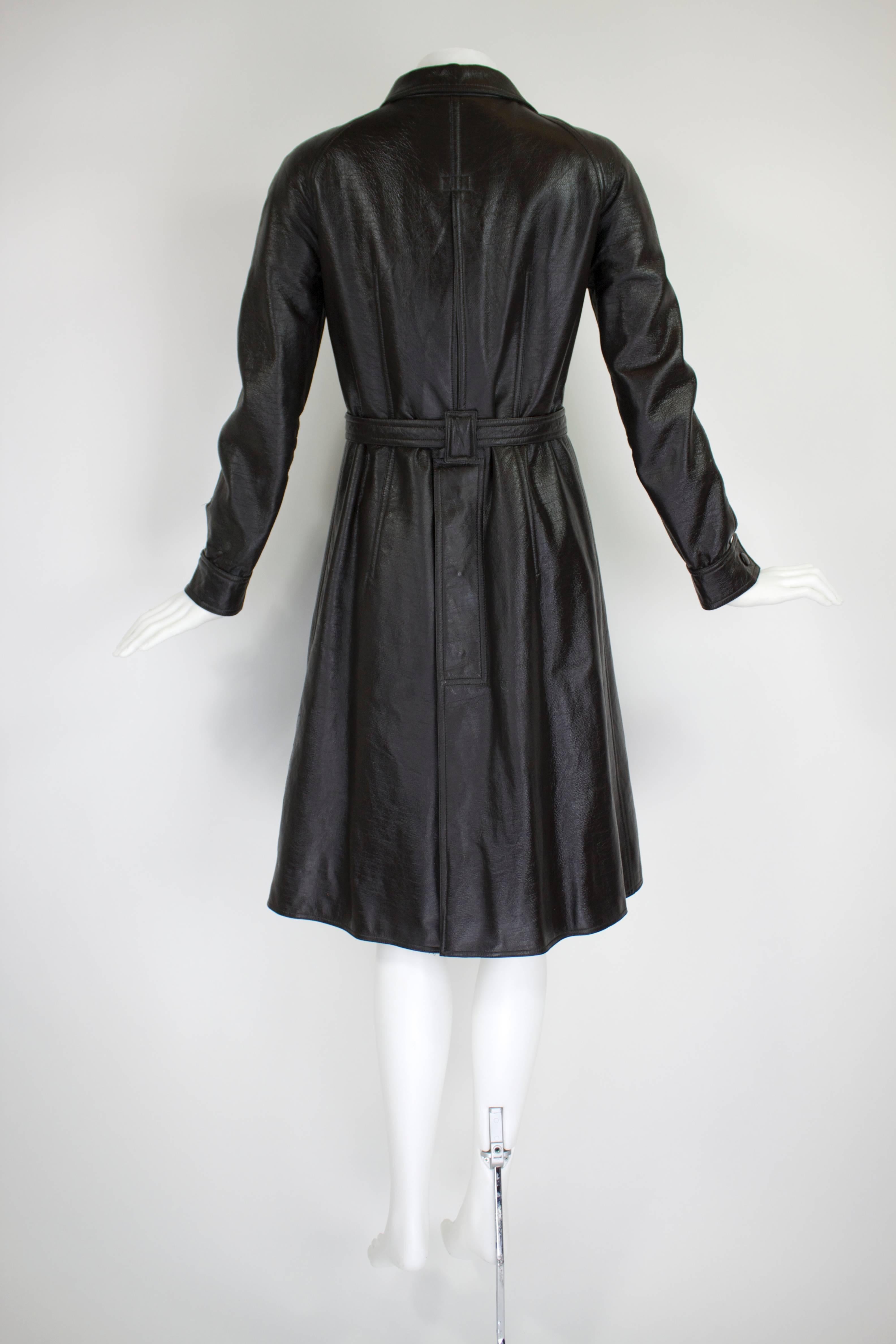 1960s Courreges Black Textured Vinyl Trench Coat with Fleece Lining 1