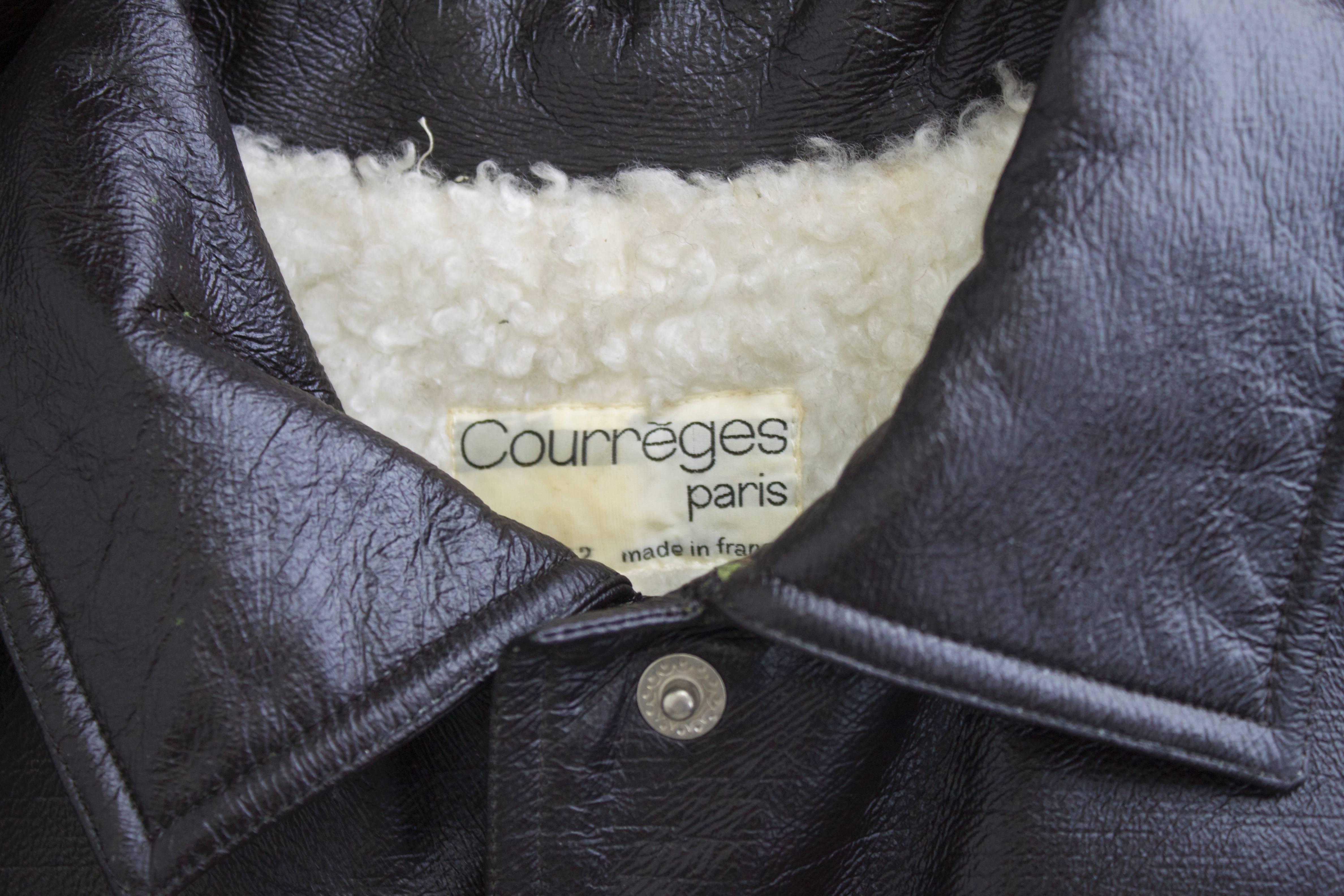 1960s Courreges Black Textured Vinyl Trench Coat with Fleece Lining 4