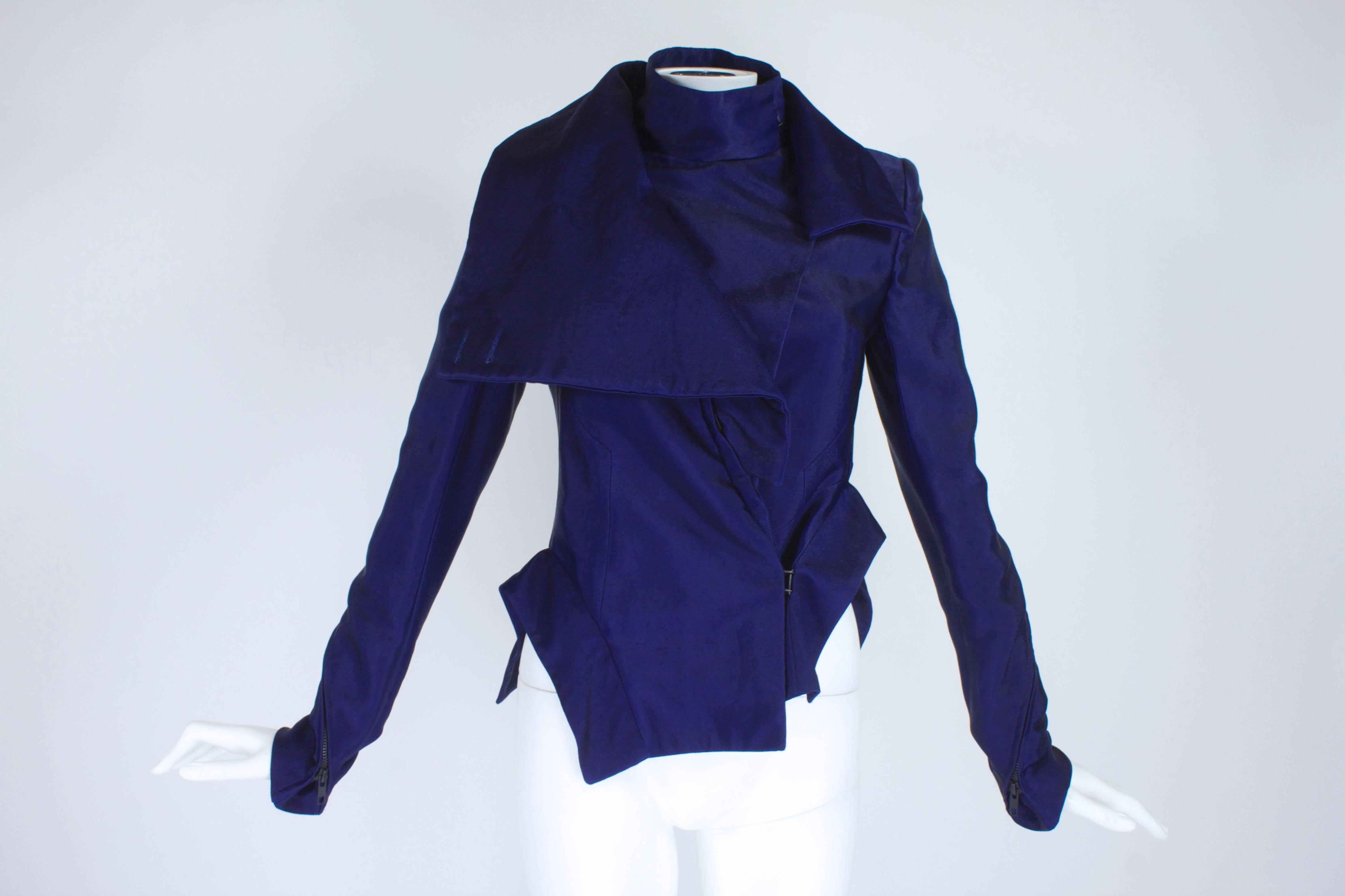 Ann Demeulemeester Asymmetrical Navy Moto Jacket with Zip Collar In Good Condition For Sale In Los Angeles, CA
