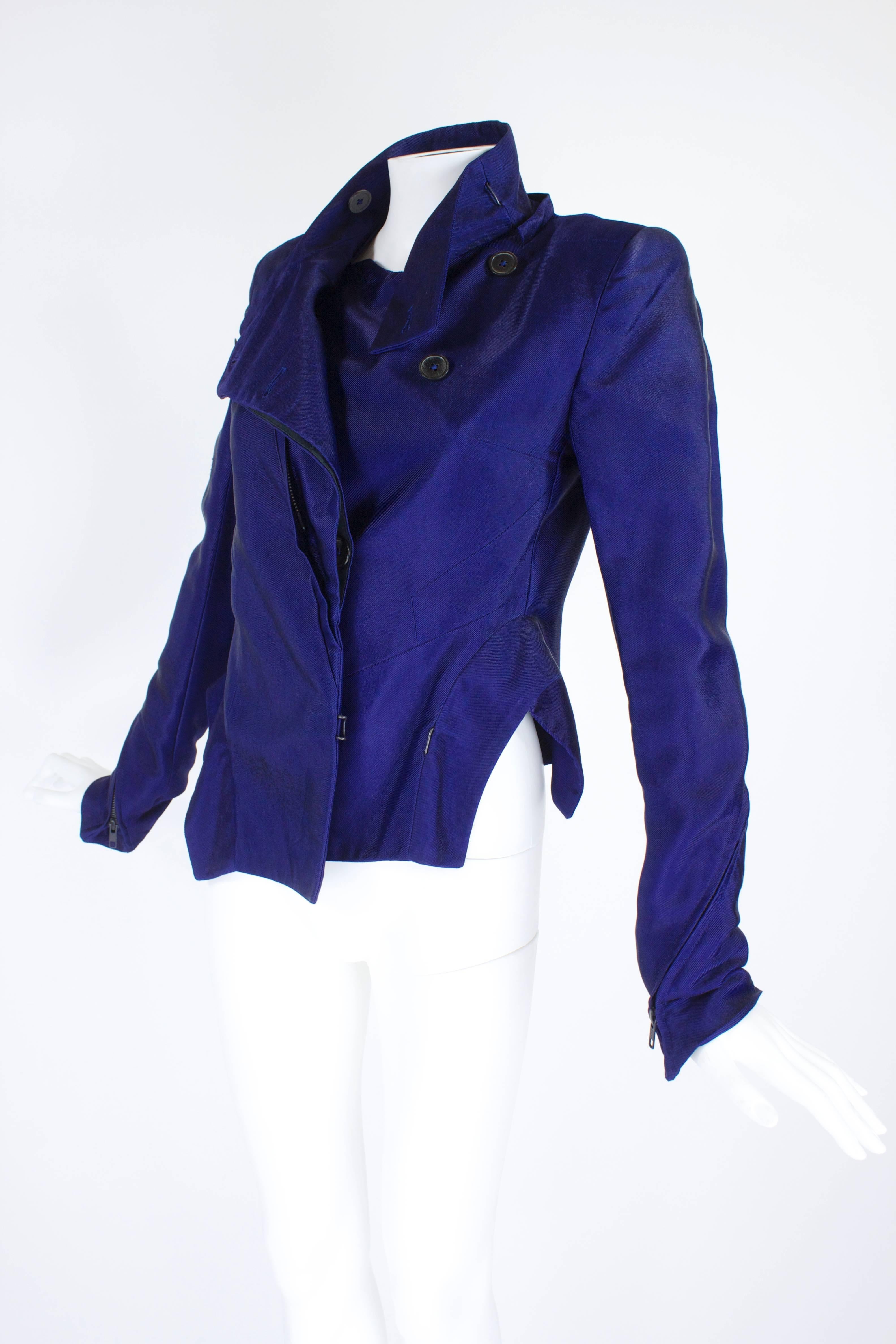 Women's Ann Demeulemeester Asymmetrical Navy Moto Jacket with Zip Collar For Sale