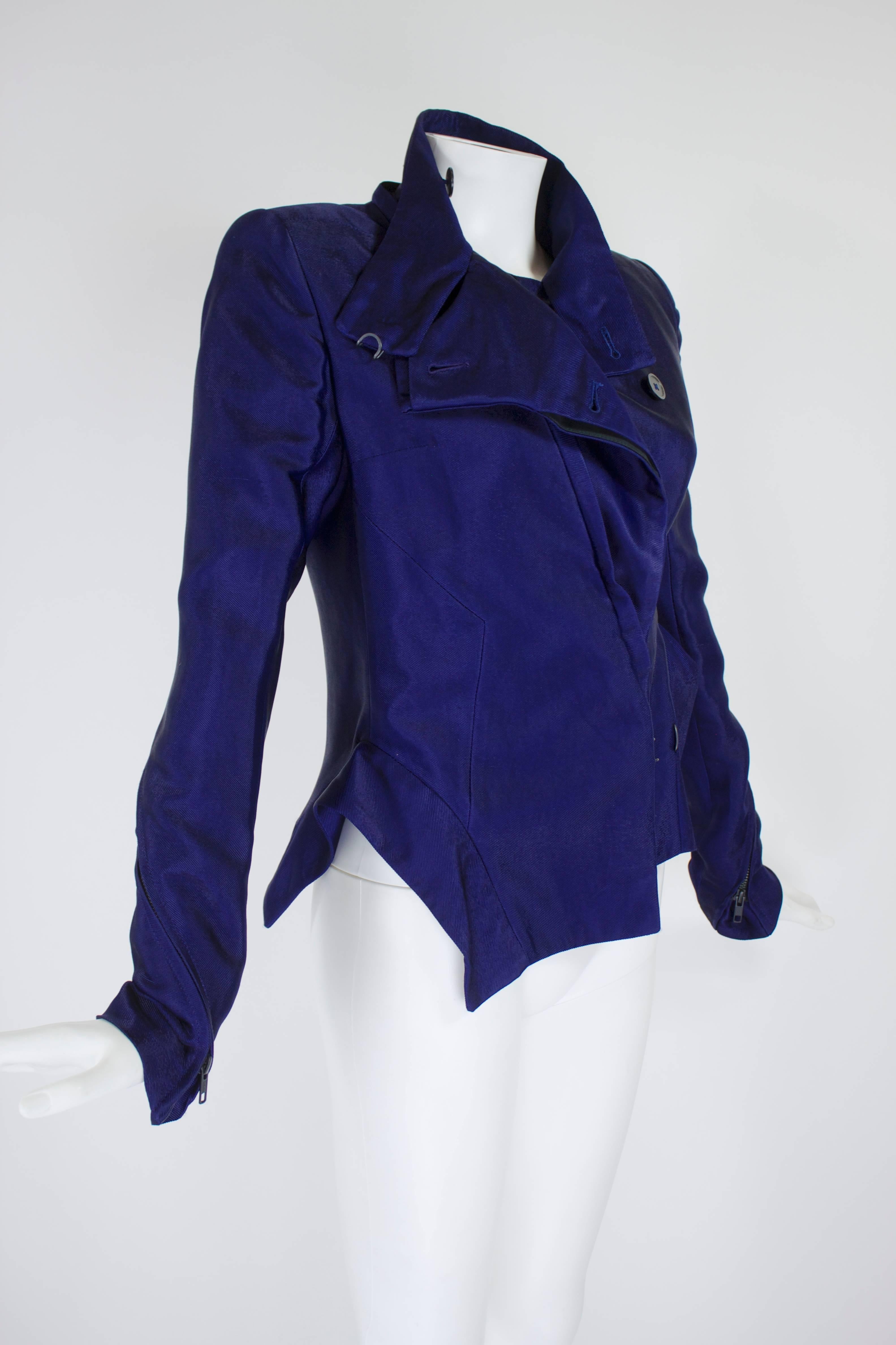 Ann Demeulemeester Asymmetrical Navy Moto Jacket with Zip Collar For Sale 1