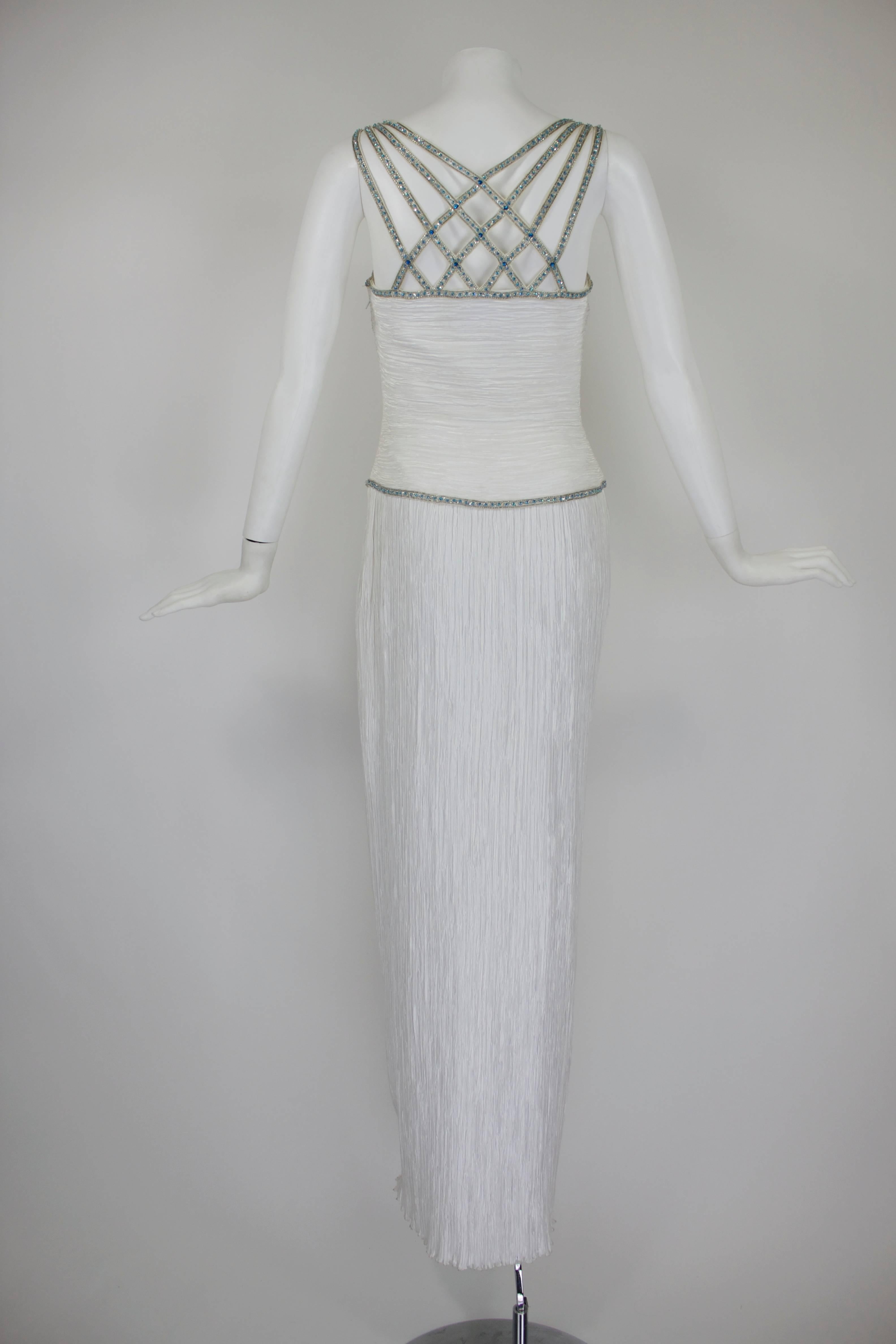 1980s Mary McFadden Couture Pleated Column Gown with Beaded Cage Bodice In Excellent Condition For Sale In Los Angeles, CA