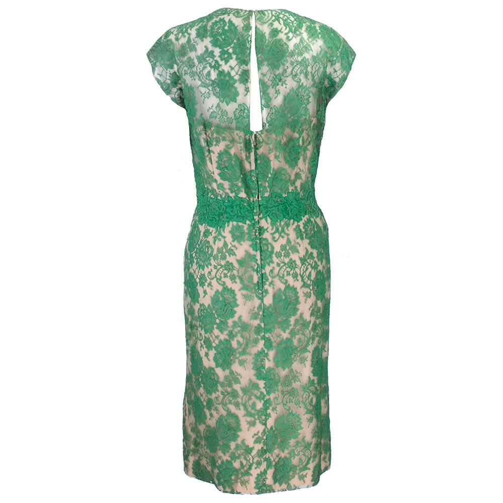 Peggy Hunt 1950s Green Lace Cocktail Dress In Excellent Condition In Los Angeles, CA