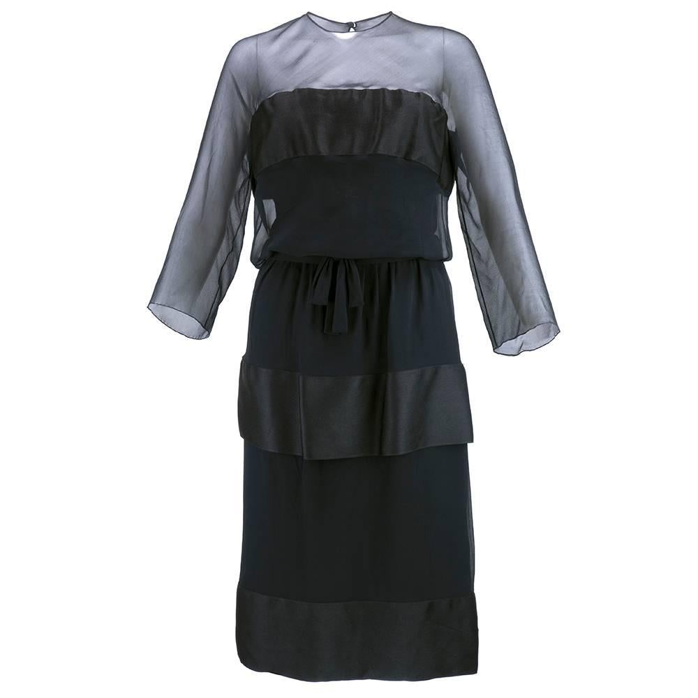 Late 50s/Early 60s Black Chiffon and Satin Cocktail Dress By Dior-London For Sale