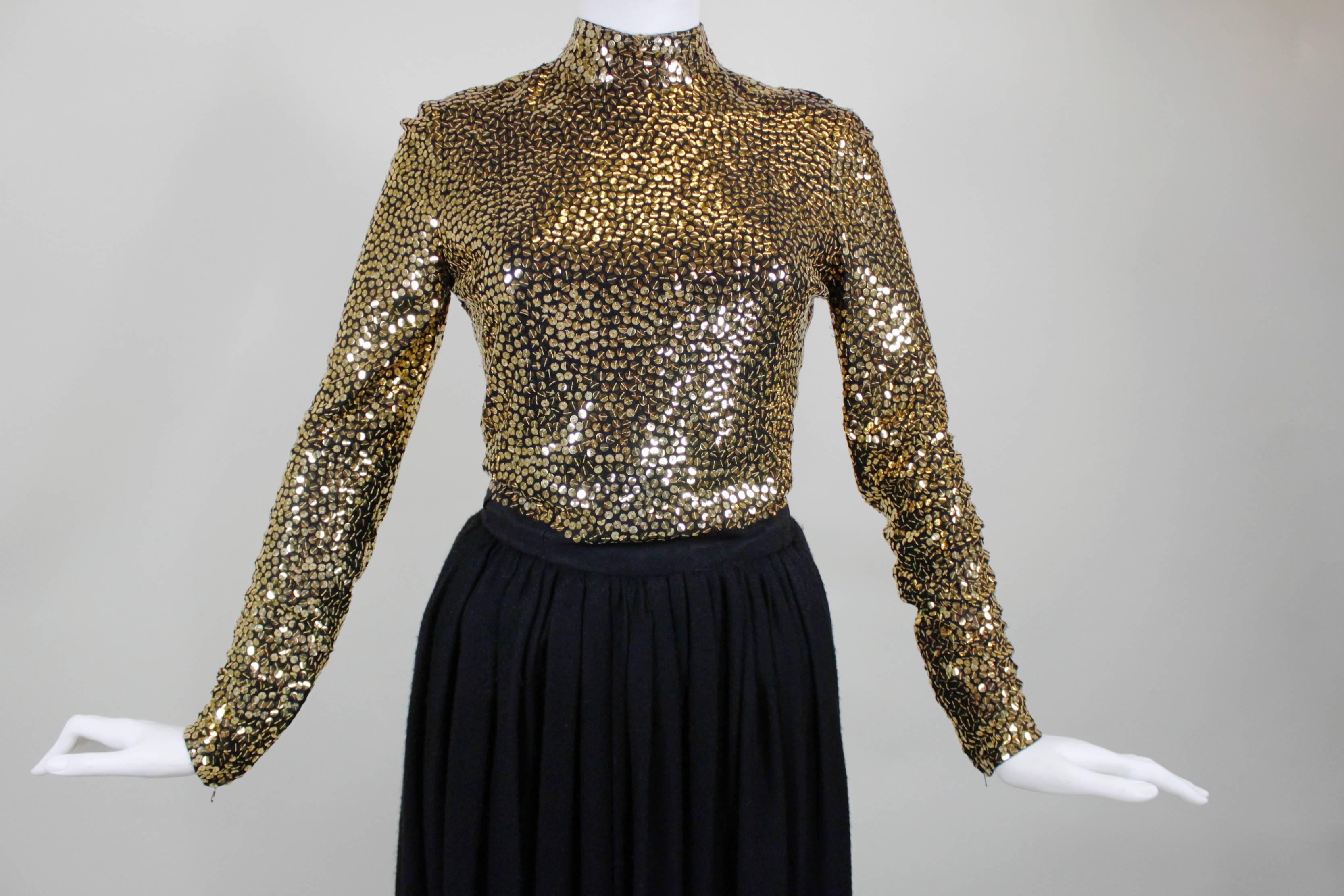 1970s Norell Evening Gown with Gold Sequin Embellishment For Sale 2