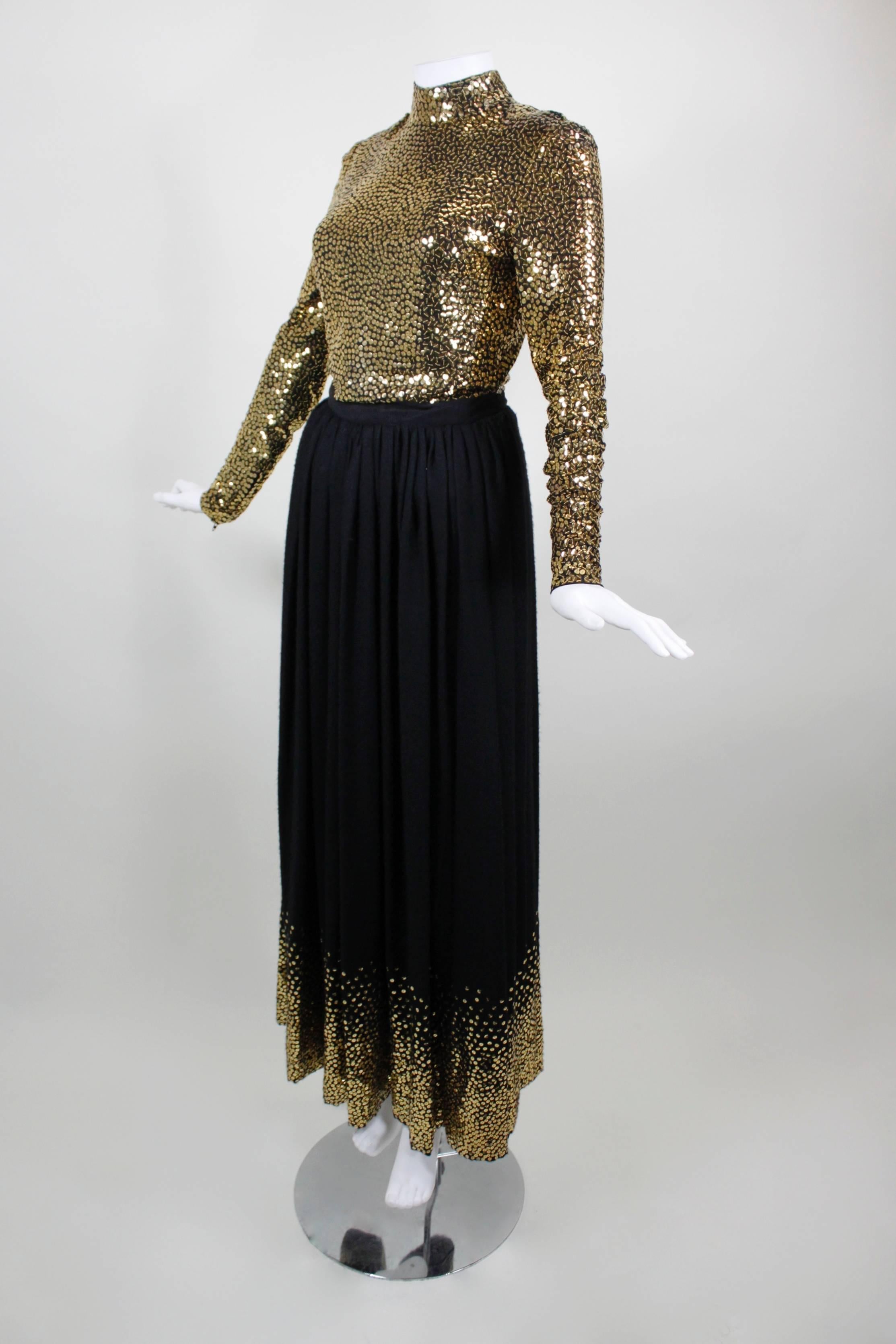 Black 1970s Norell Evening Gown with Gold Sequin Embellishment For Sale