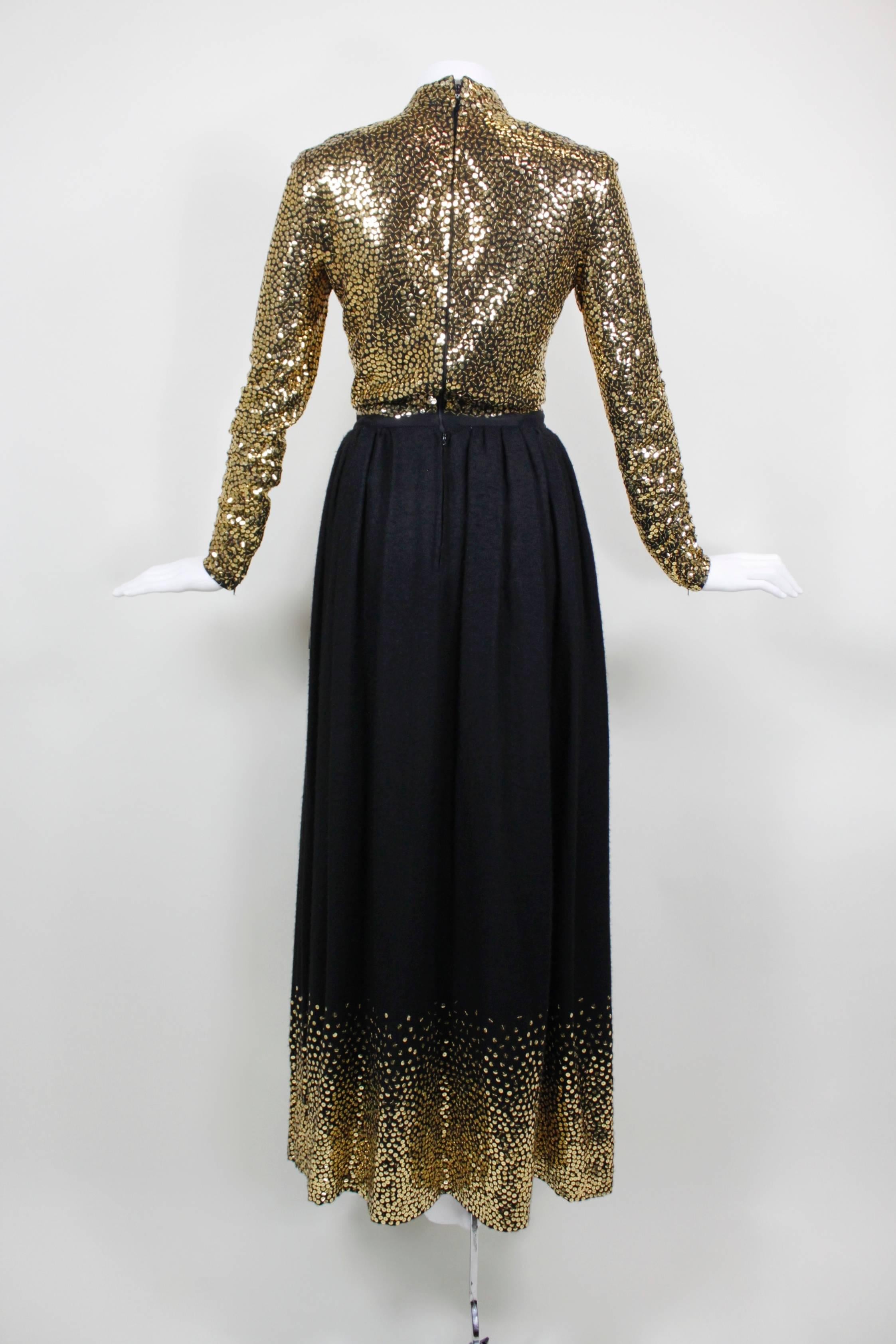 Women's 1970s Norell Evening Gown with Gold Sequin Embellishment For Sale