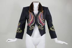 Christian Lacroix Navy Embroidered Cotton Jacket with Fur Collar