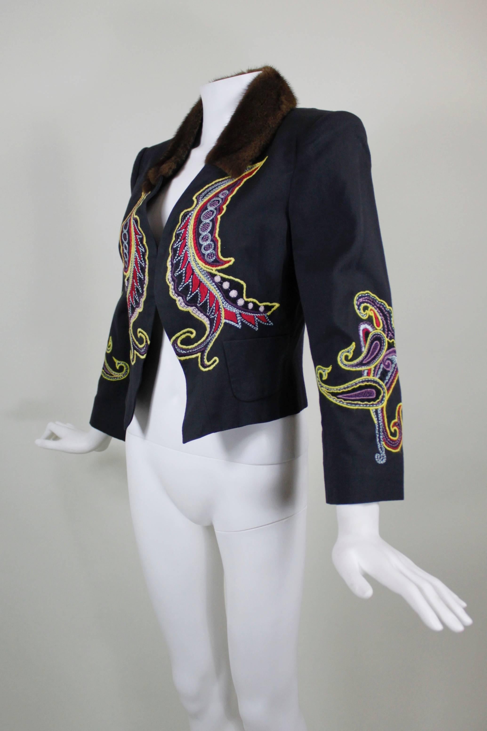 Women's Christian Lacroix Navy Embroidered Cotton Jacket with Fur Collar For Sale