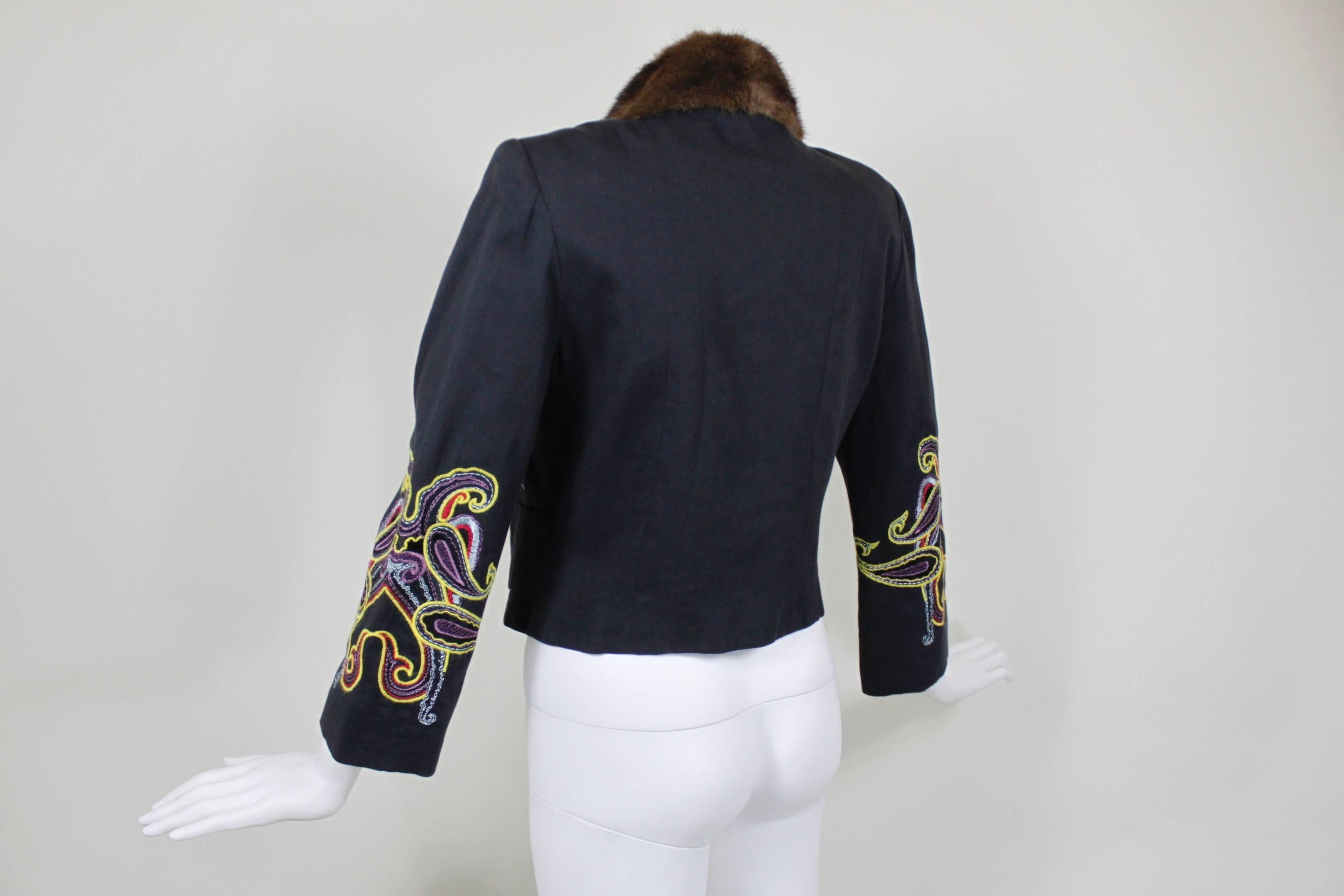 Christian Lacroix Navy Embroidered Cotton Jacket with Fur Collar In Excellent Condition For Sale In Los Angeles, CA