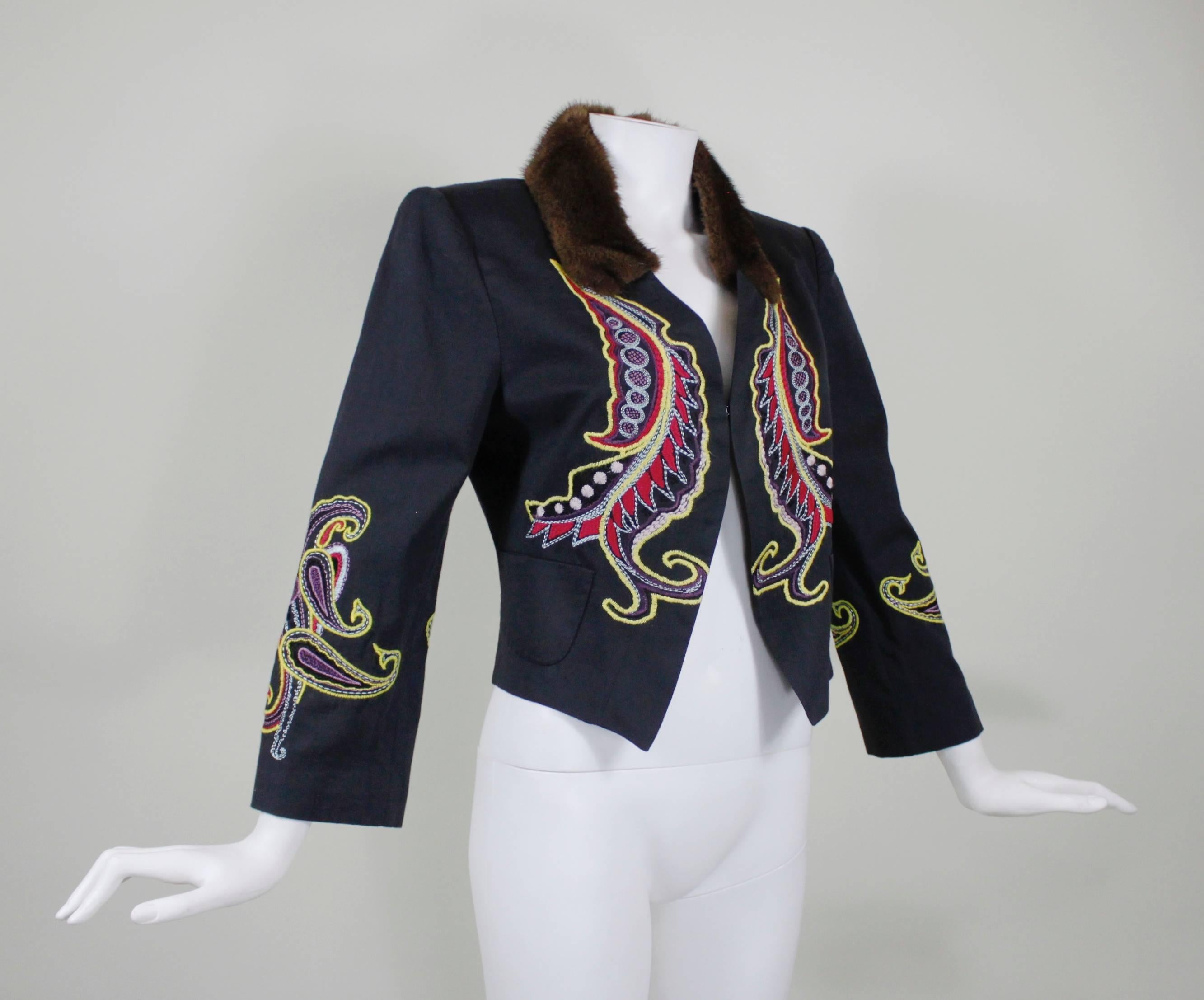 Black Christian Lacroix Navy Embroidered Cotton Jacket with Fur Collar For Sale
