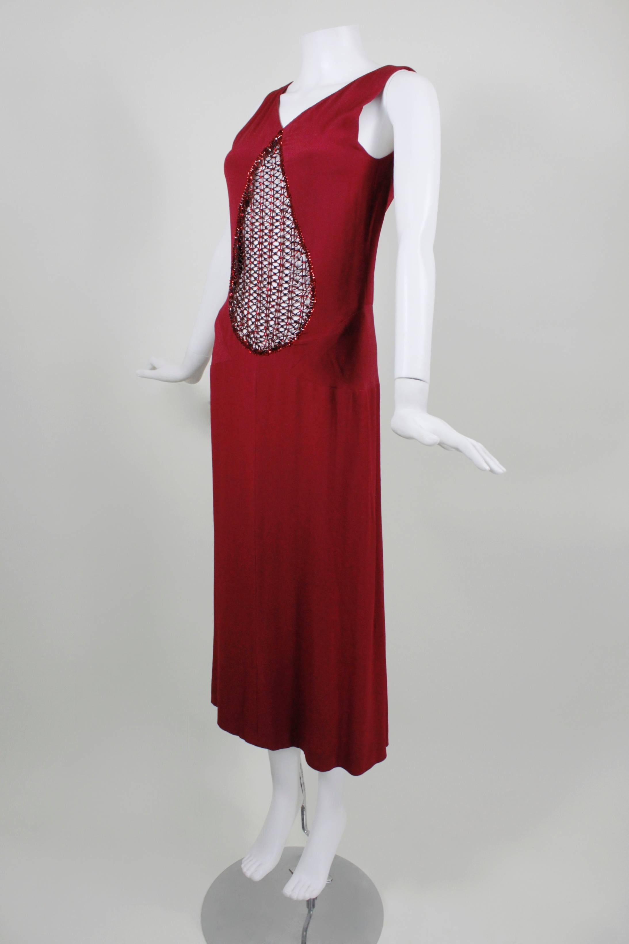 Red Stop Sénès Couture Silk Crepe Evening Gown with Beaded Bodice For Sale
