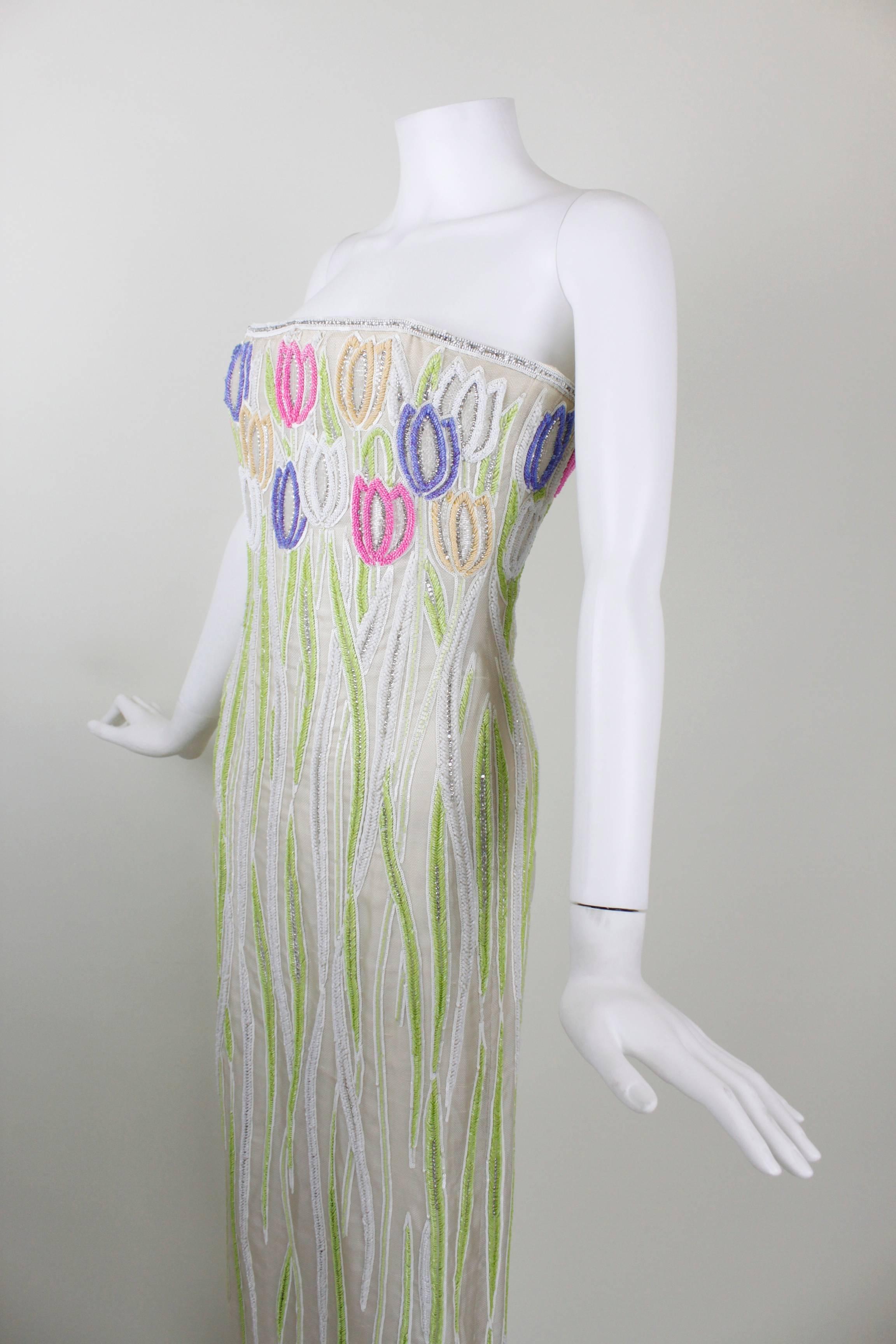 Women's 1970s Dior Haute Couture Strapless Beaded & Lesage Embroidery Evening Gown For Sale