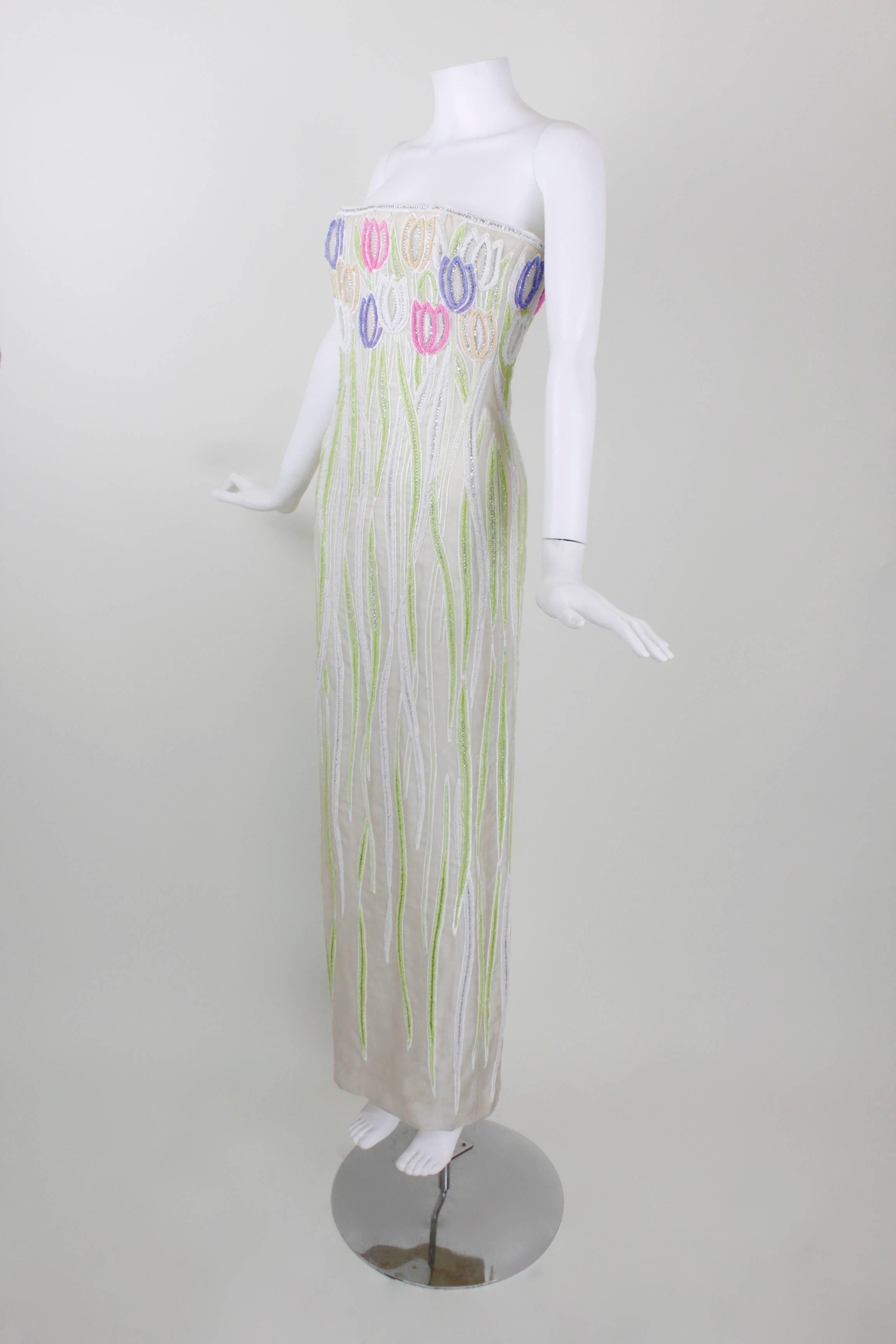 Gray 1970s Dior Haute Couture Strapless Beaded & Lesage Embroidery Evening Gown For Sale