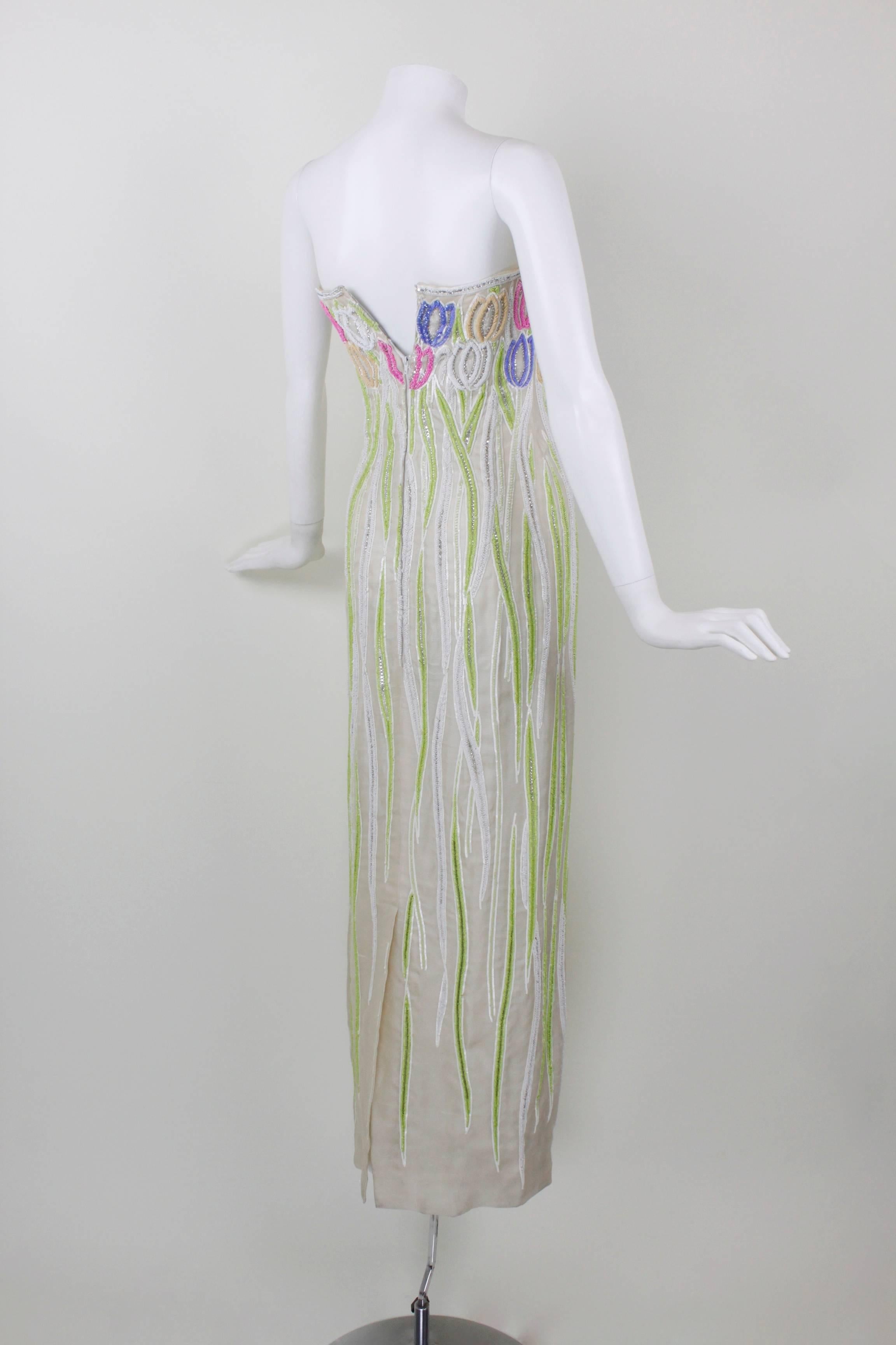 1970s Dior Haute Couture Strapless Beaded & Lesage Embroidery Evening Gown In Excellent Condition For Sale In Los Angeles, CA