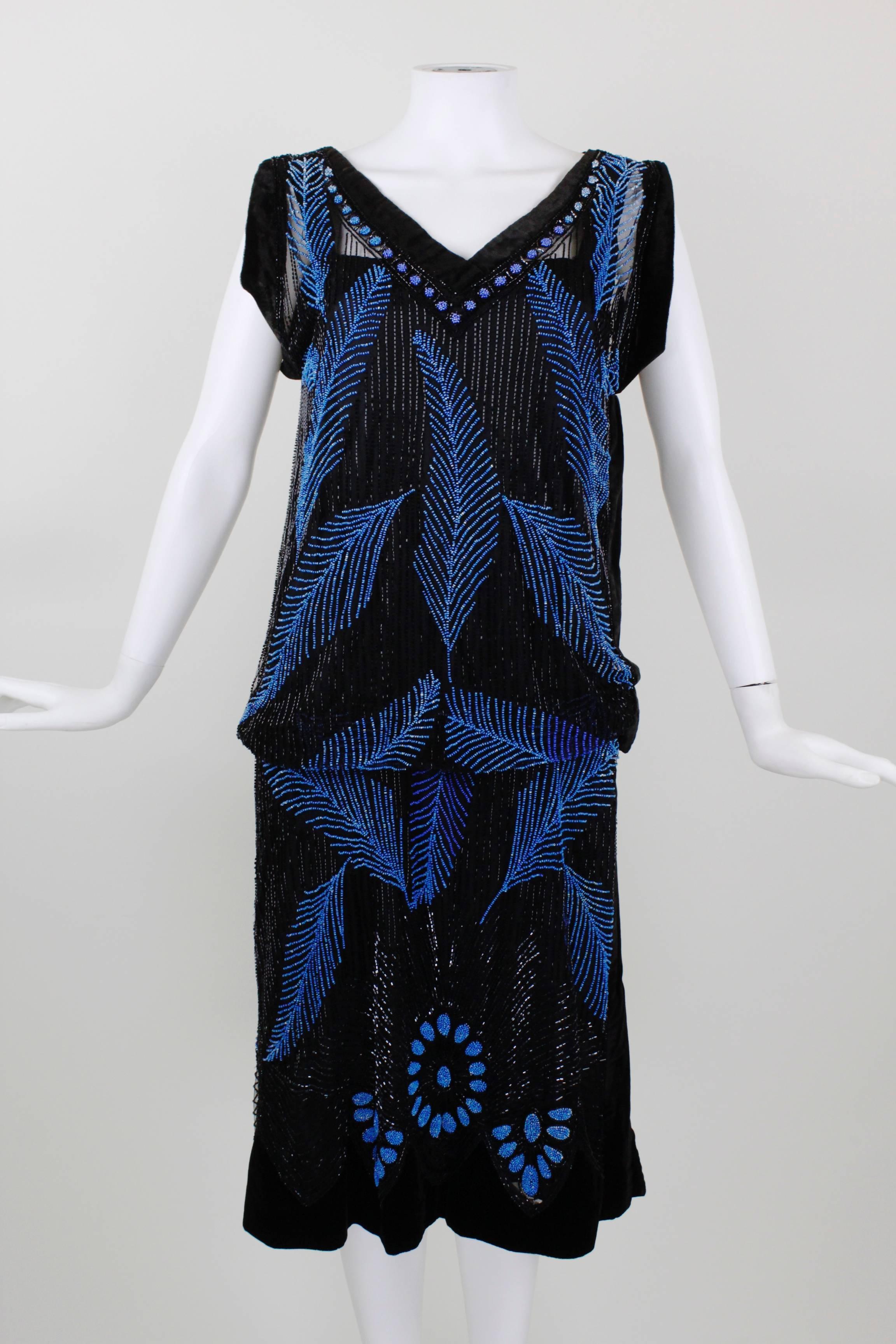 1920s Black Velvet & Blue Beaded Feather Evening Dress 1