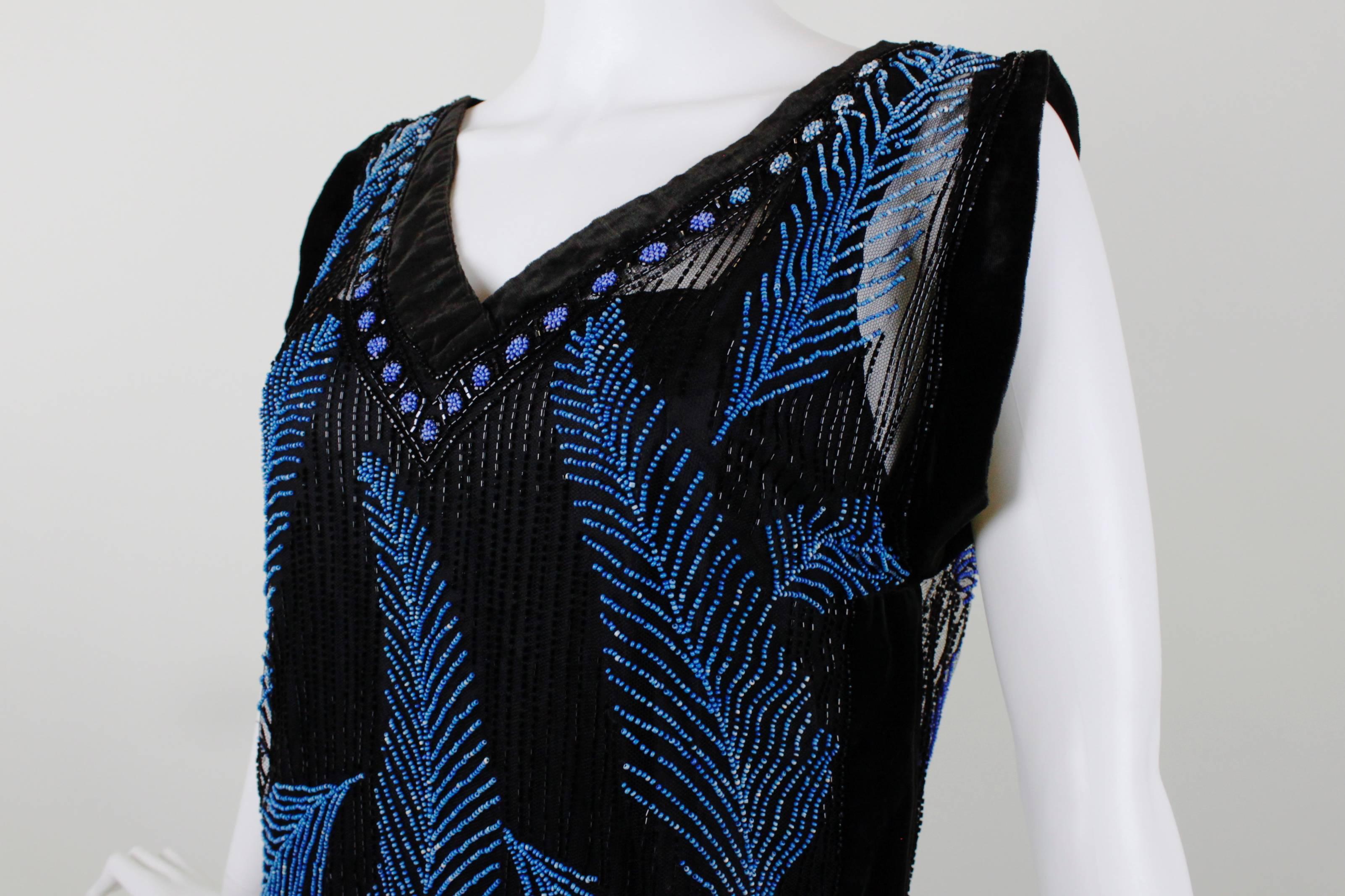 1920s Black Velvet & Blue Beaded Feather Evening Dress 3