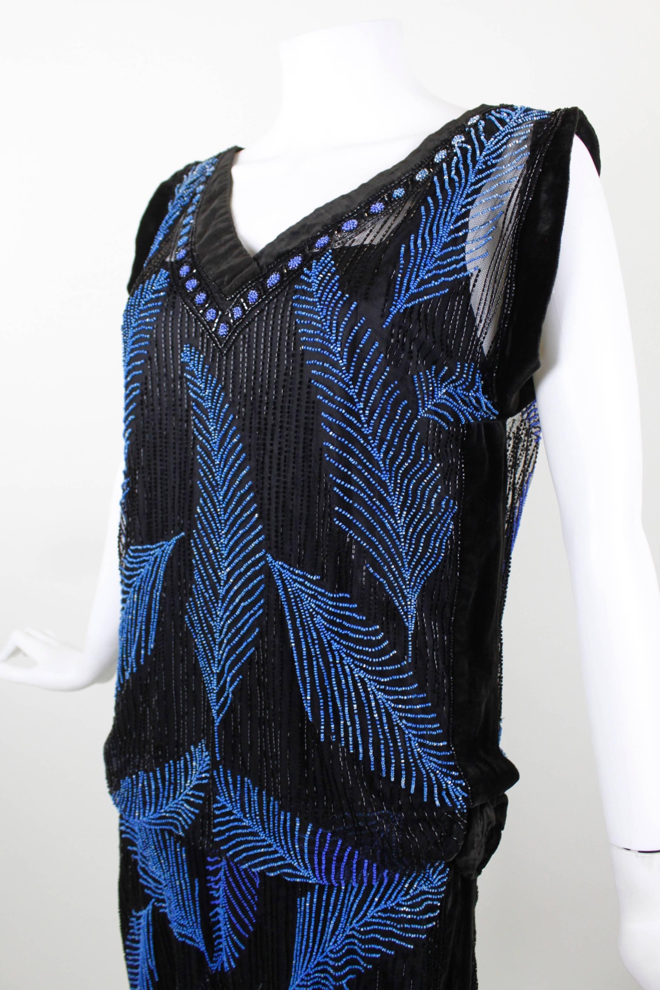 1920s Black Velvet & Blue Beaded Feather Evening Dress 2
