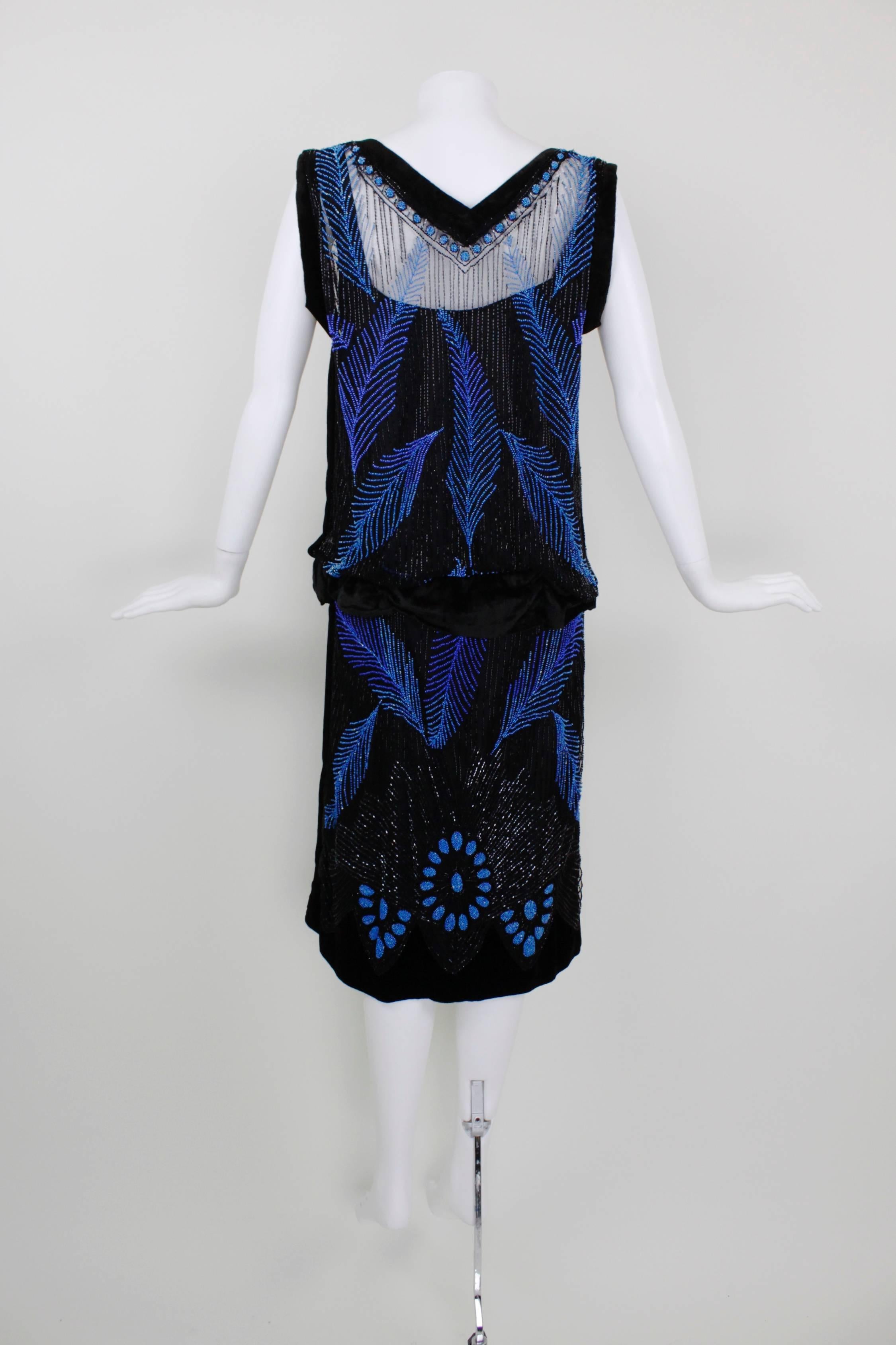 Women's 1920s Black Velvet & Blue Beaded Feather Evening Dress