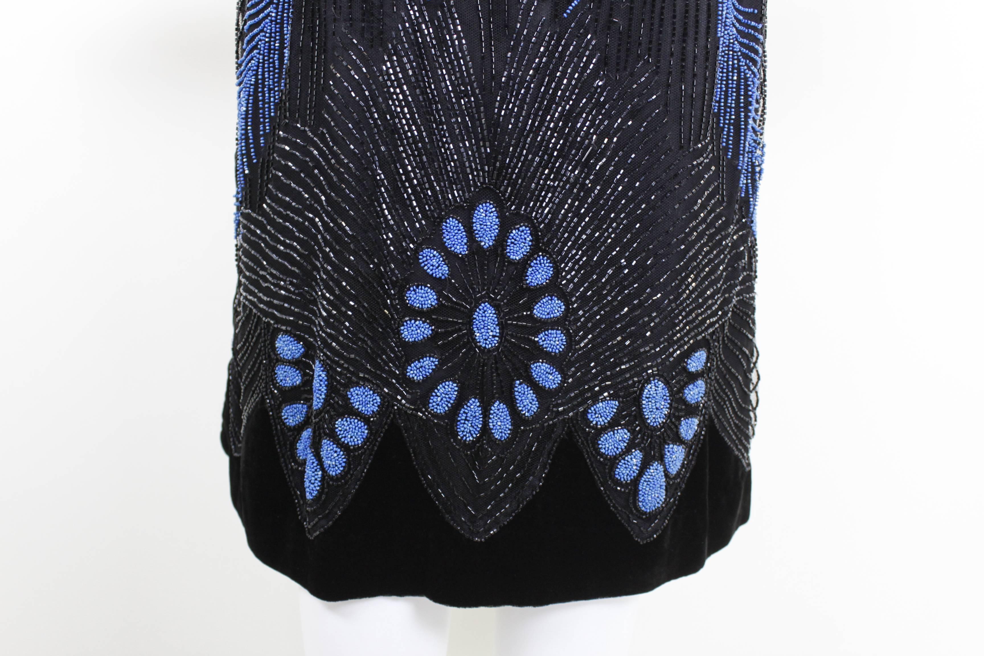 1920s Black Velvet & Blue Beaded Feather Evening Dress 5