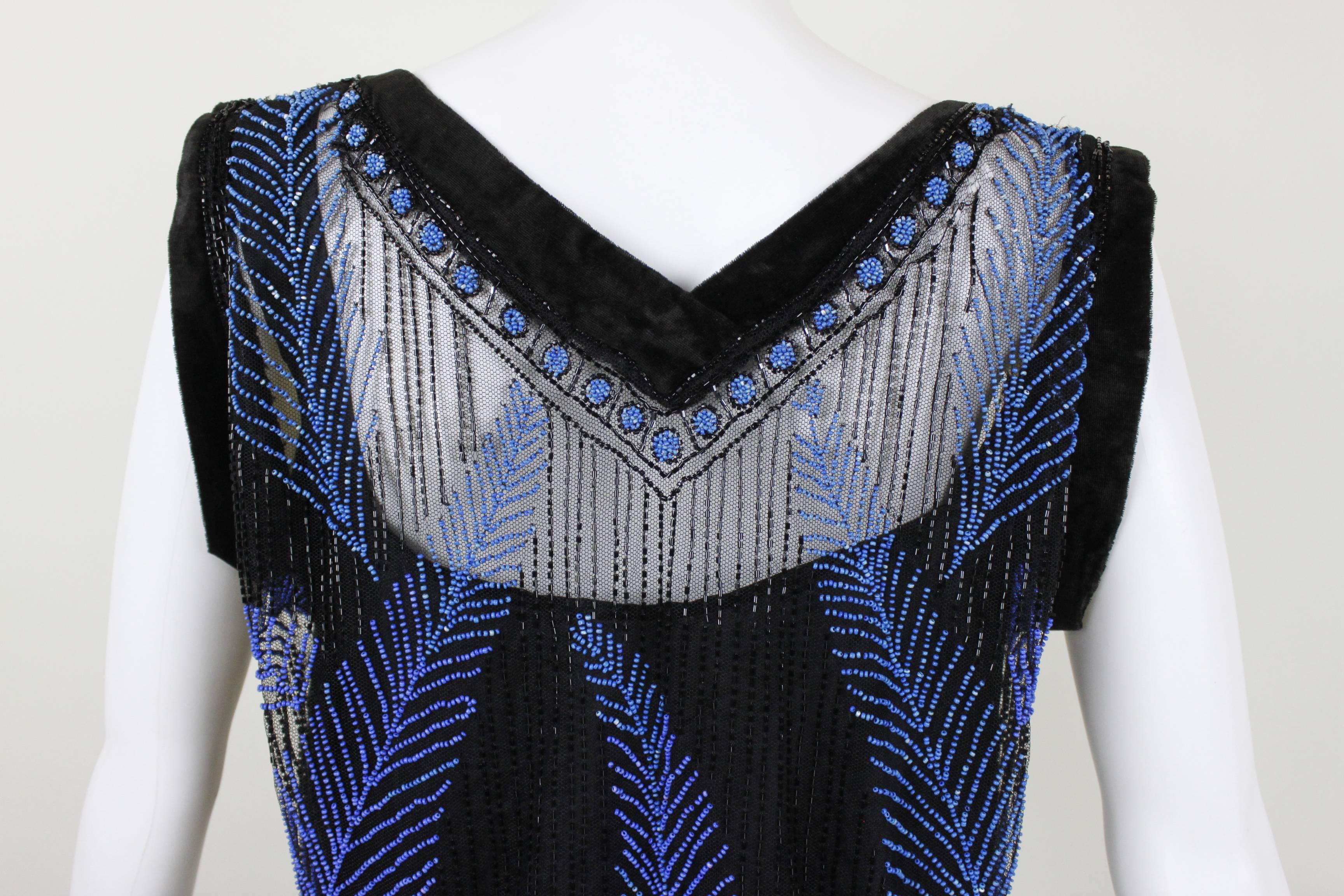 1920s Black Velvet & Blue Beaded Feather Evening Dress 4