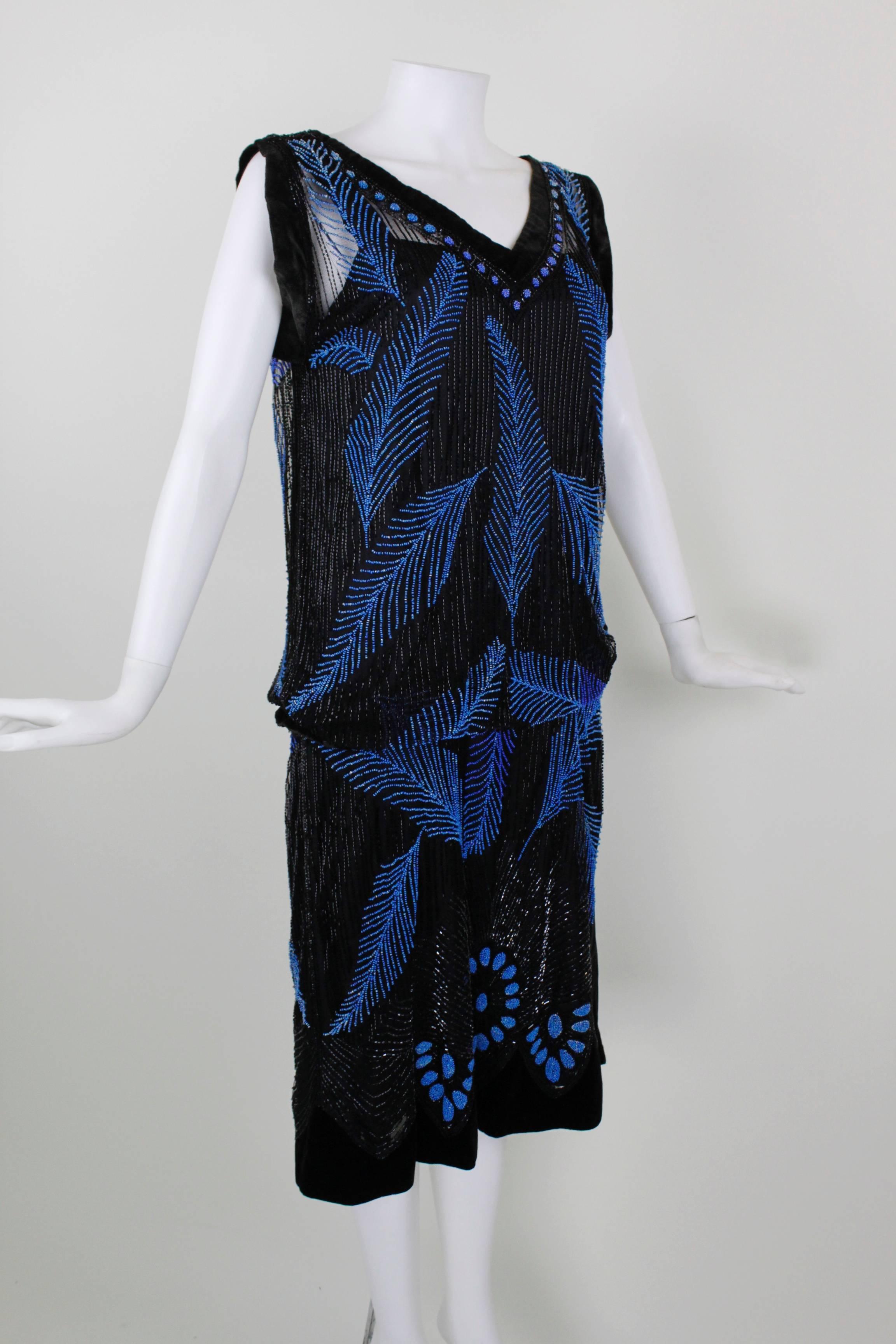 1920s Black Velvet & Blue Beaded Feather Evening Dress In Excellent Condition In Los Angeles, CA