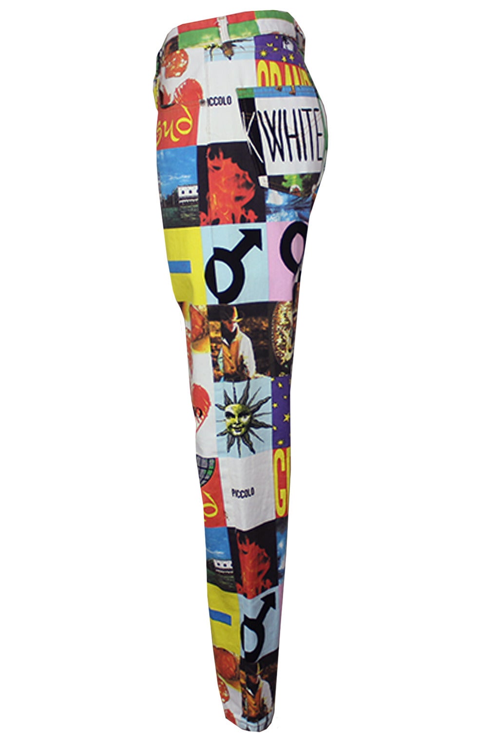 These cotton jeans feature an amusing photo print collage of everything from smiley faces to Italian landscapes, all in vibrant colors. The cut is classic western styling with three pockets in front and a back yoke with two patch pockets and a